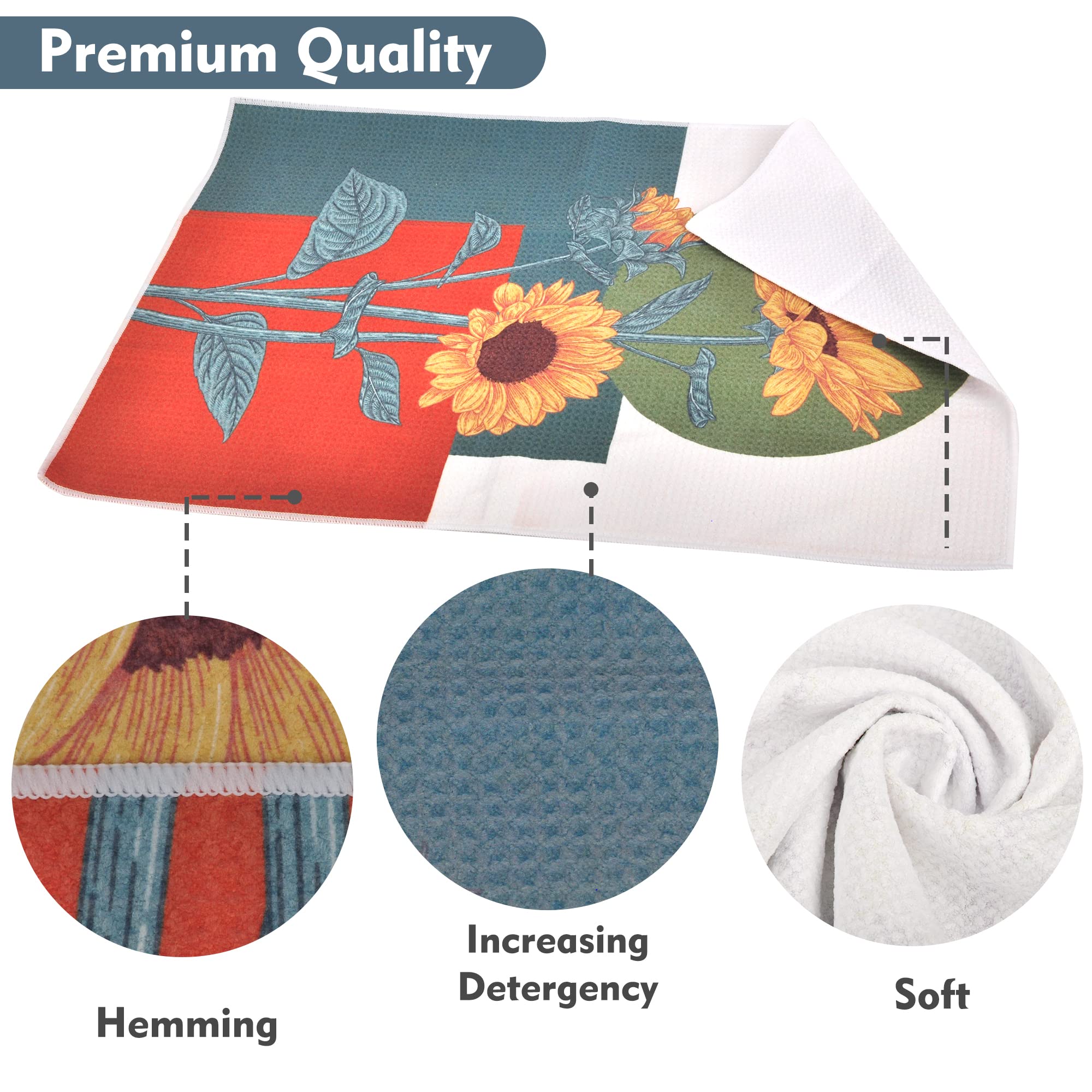 Rainleaf 4 Pack Absorbent Waffle Weave Kitchen Towels Set - Funny Saying Dishcloths, Decorative Hand Towels & Tea Towels for Cooking, Baking, Dish Drying - Sunflower Pattern Home Decor