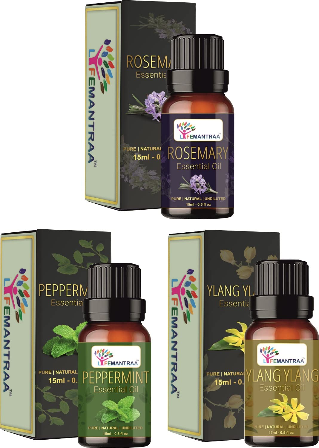 Pure Rosemary, Peppermint & Ylang Ylang Essential Oils Set - 3 Pack (15ml Each) for Aromatherapy, Diffusers, Soap Making & Candle Making | Natural Home Fragrance, Air Freshener & Relaxation Oils | Perfect for Spa, Yoga & Stress Relief