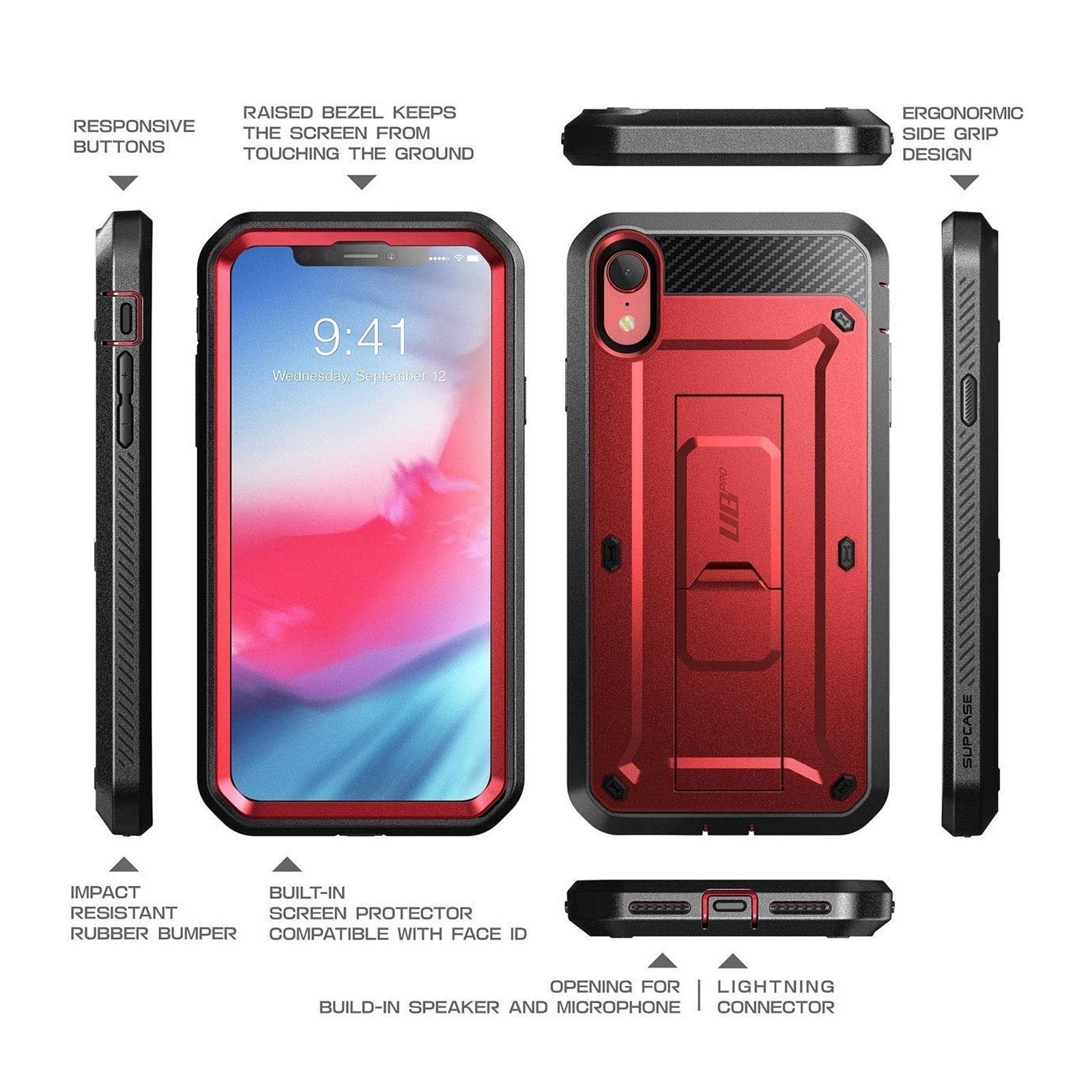 iPhone XR Unicorn Beetle Pro Full Body Holster Case - Heavy Duty Shockproof Cover with Built-in Screen Protector, Metallic Red - Perfect for Outdoor, Work & Extreme Sports Protection