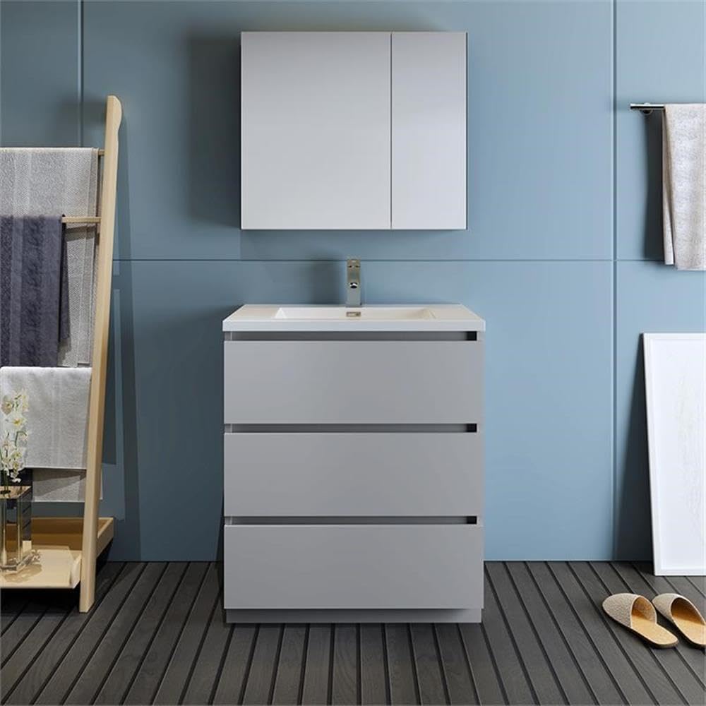 Fresca Lazzaro 30 Inch Gray Modern Bathroom Vanity with Medicine Cabinet - Free Standing Contemporary Design (Faucet Not Included) - Perfect for Small Bathrooms, Master Suites & Home Renovations