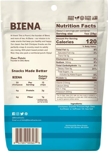 BIENA Chickpea Snacks, Sea Salt - Gluten Free, Vegan, Dairy Free, Plant Based Protein (5 oz Bag) | Healthy Crunchy Snack for Work, School & Travel