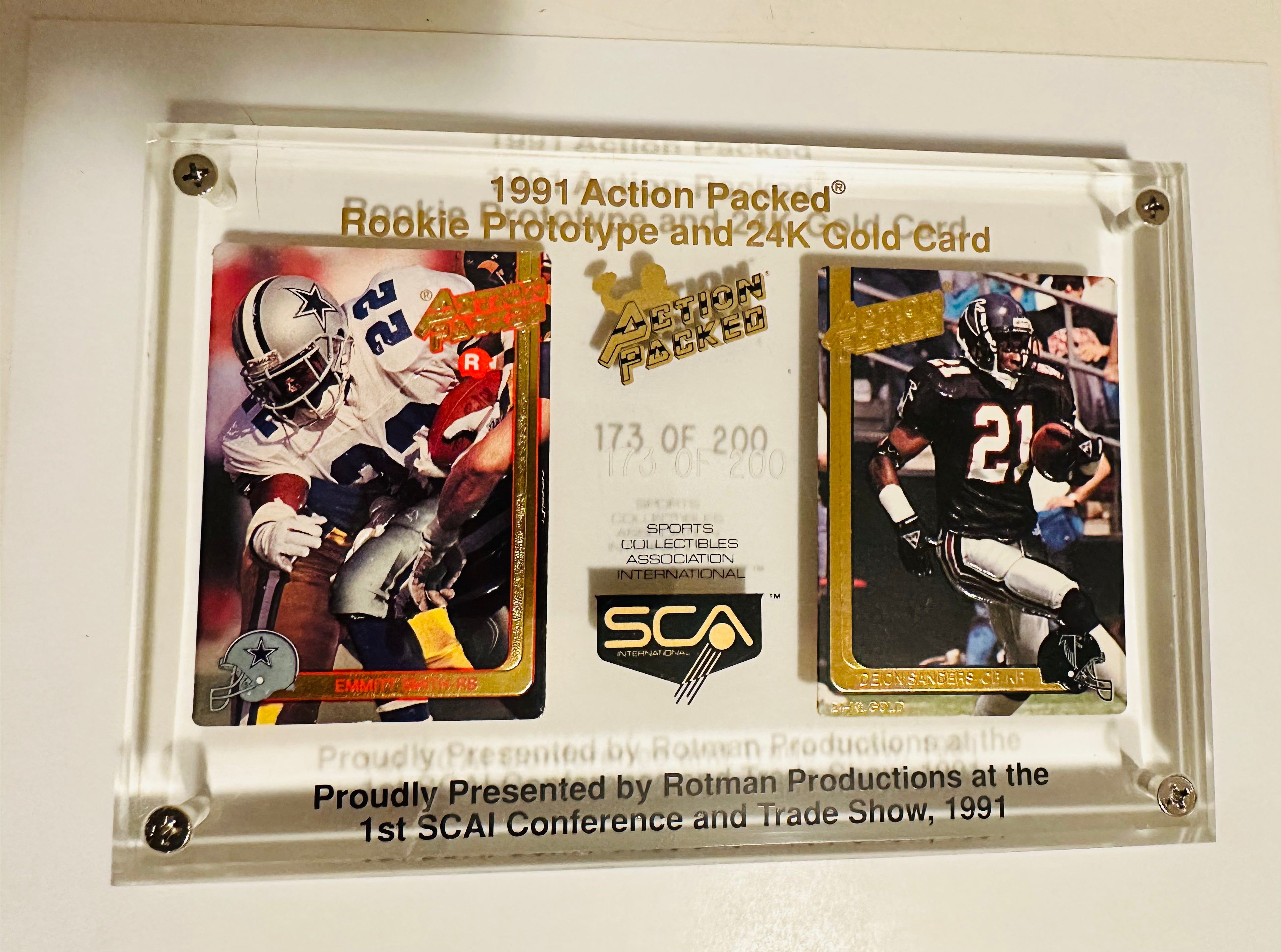 Rare Limited Edition SCA Dinner Lucite Football Display with Emmitt Smith Rookie Promo #173/200 - Perfect for Sports Memorabilia Collectors and Dallas Cowboys Fans