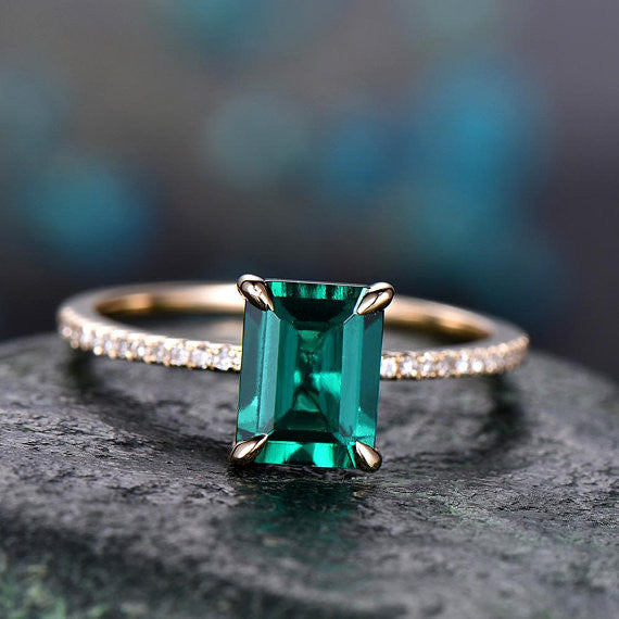 1.2 Carat Emerald Cut Emerald Engagement Ring with Diamond Accent Band - Handmade Minimalist Wedding Ring for Women, Perfect for Proposals, Anniversaries & Special Occasions