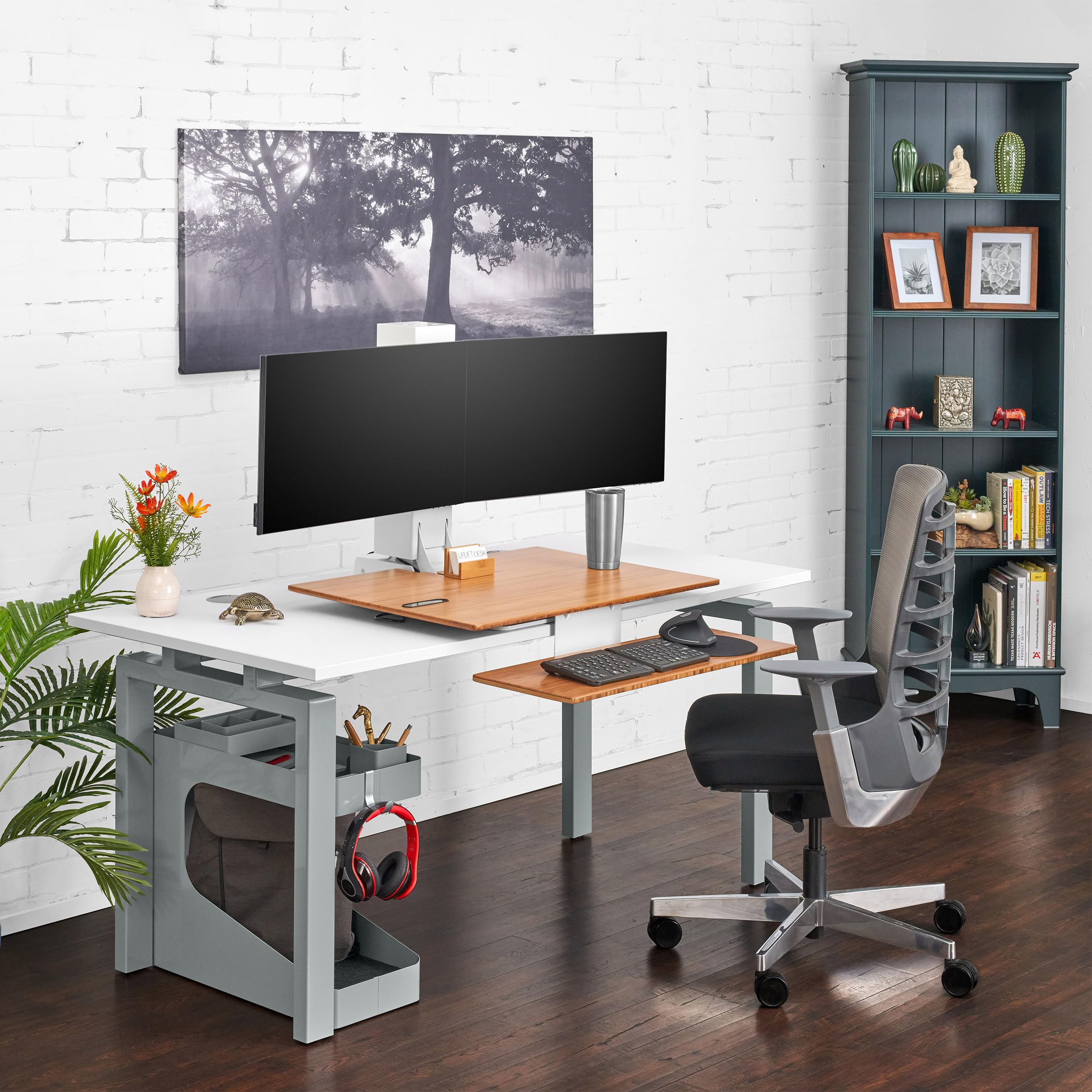Uplift E7 Electric Standing Desk - White Base, Rubberwood Top for Dual Monitors - Home & Office Workspace