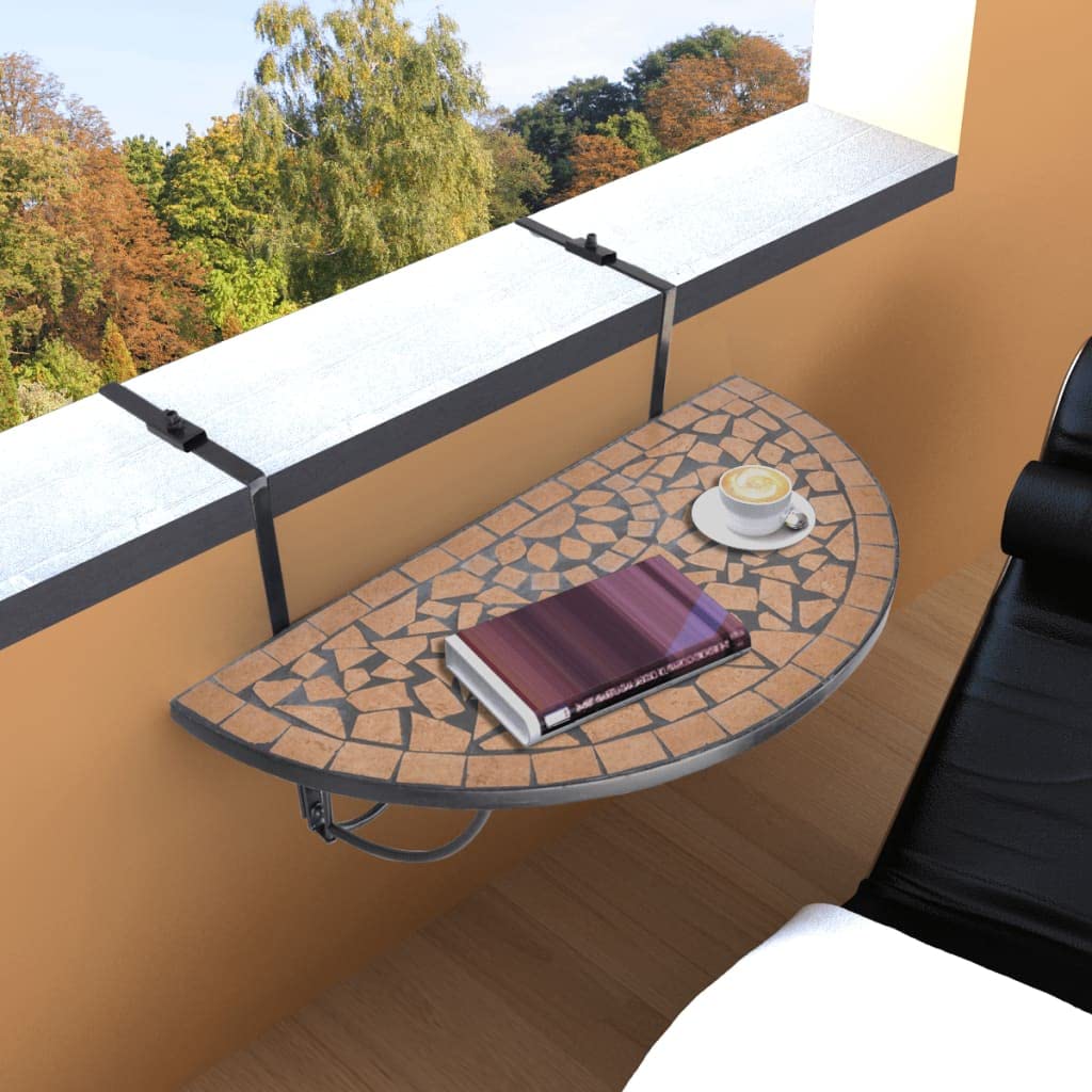 Modern Semi-Circle Patio Coffee Table - Terracotta Mosaic Design for Deck, Balcony, Indoor & Outdoor Use - Perfect for Small Spaces, Garden Relaxation and Alfresco Dining