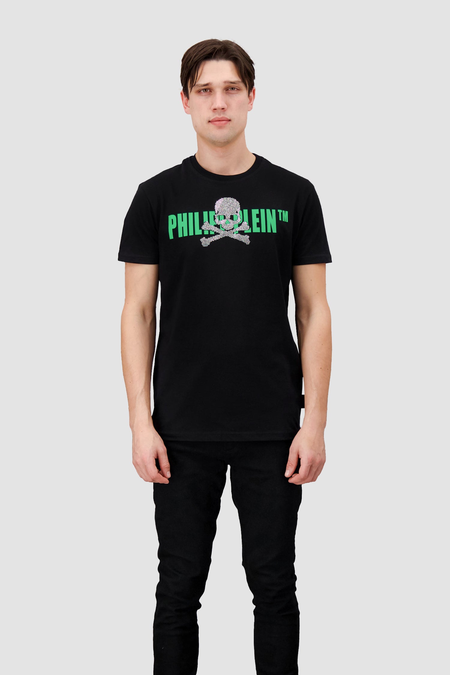 Philipp Plein Black & Neon Round Neck Short Sleeve Skull Strass T-Shirt for Men - Edgy Streetwear & Night Out Fashion