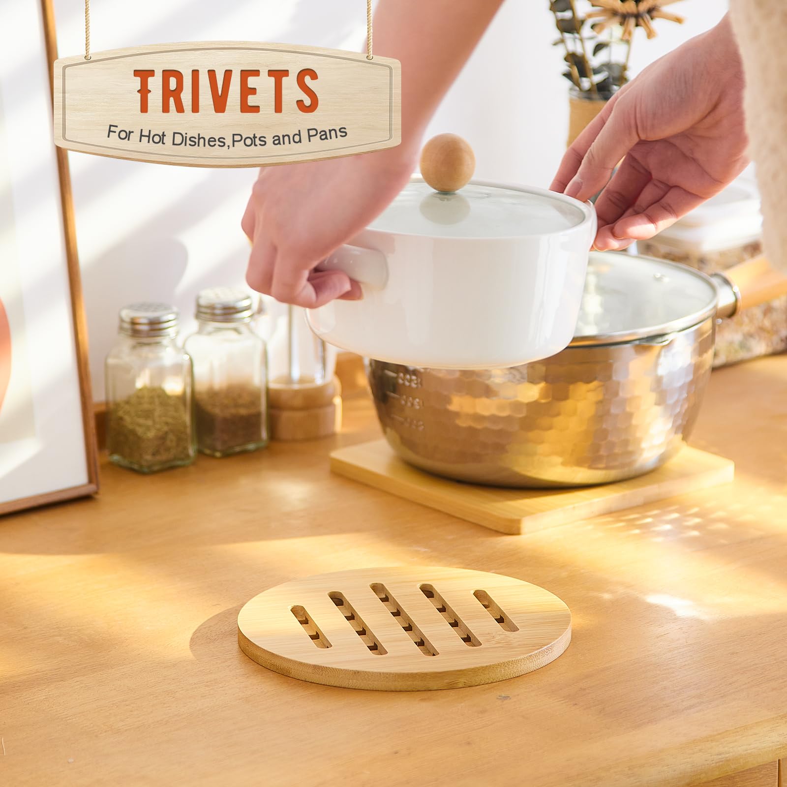 GHWIE Bamboo Trivet Set with Stand - 4 Pack Heat Resistant Kitchen Pot Holders, Hot Plate Mats & Stove Protectors | Multi-Purpose Hot Pads for Air Fryer, Serving Dishes & Countertop Protection