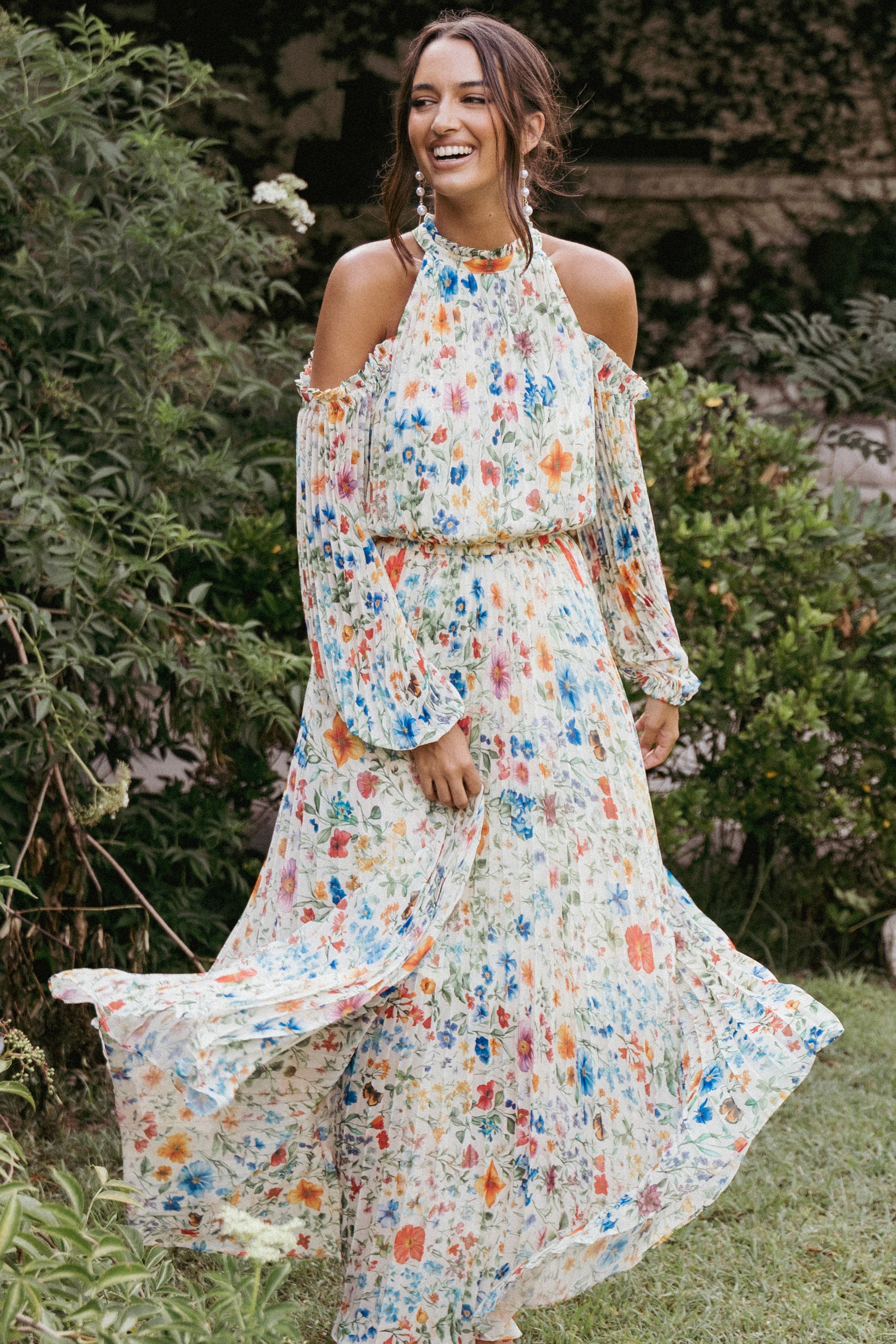 Hilary Pleated Maxi Dress - Floral Garden Print Women's Long Dress for Summer, Beach, Wedding & Special Occasions