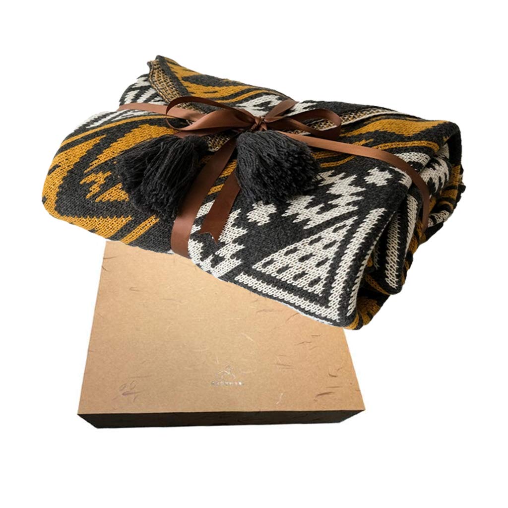 XDD Retro Ethnic Style Knitted Blanket - Handmade Tassels, Double-Sided Jacquard Sofa Throw (150x130cm/59x51in) - Soft & Cozy for Living Room, Bedroom Decor & Gift Giving