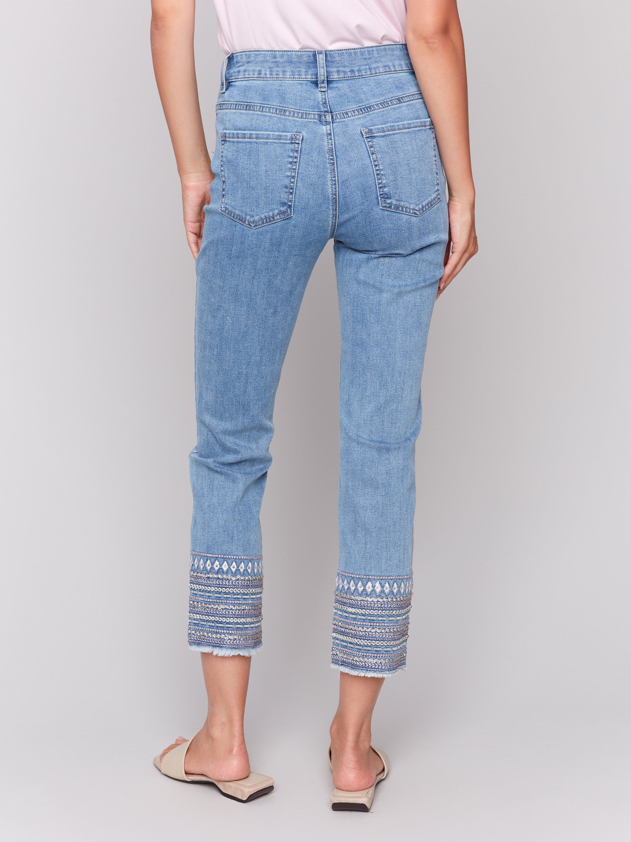 Best Embroidered Hem Jeans for Women - Light Blue Distressed Denim Skinny Jeans - Perfect for Casual Outfits & Streetwear Fashion
