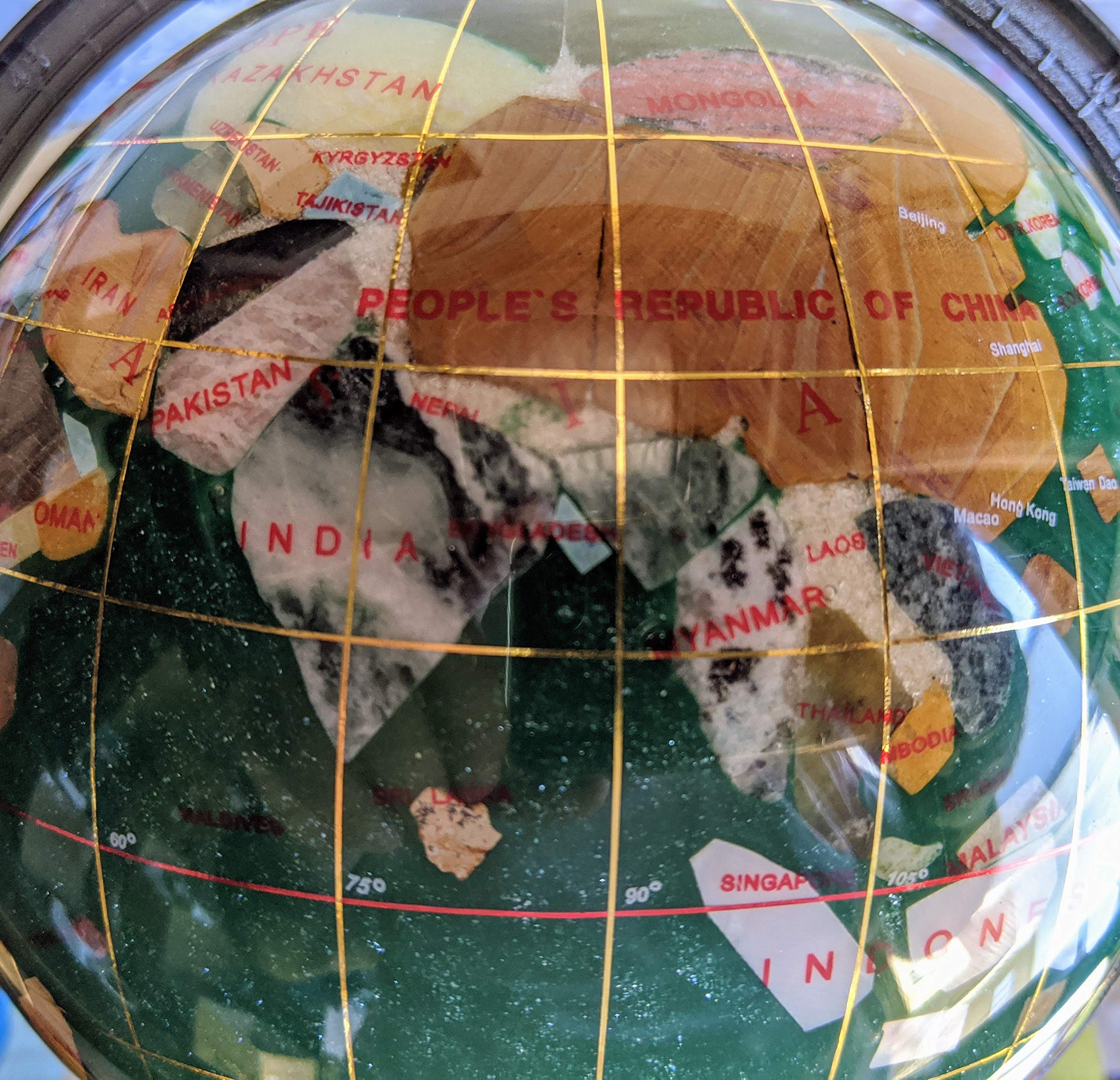 10-Inch Tall Green Crystal and Pearl Ocean Gemstone World Globe with Silver Tripod Stand - Unique Art Tabletop Decor for Home, Office, or Gift - Perfect for Earth Day, Geography Enthusiasts & Meditation Spaces