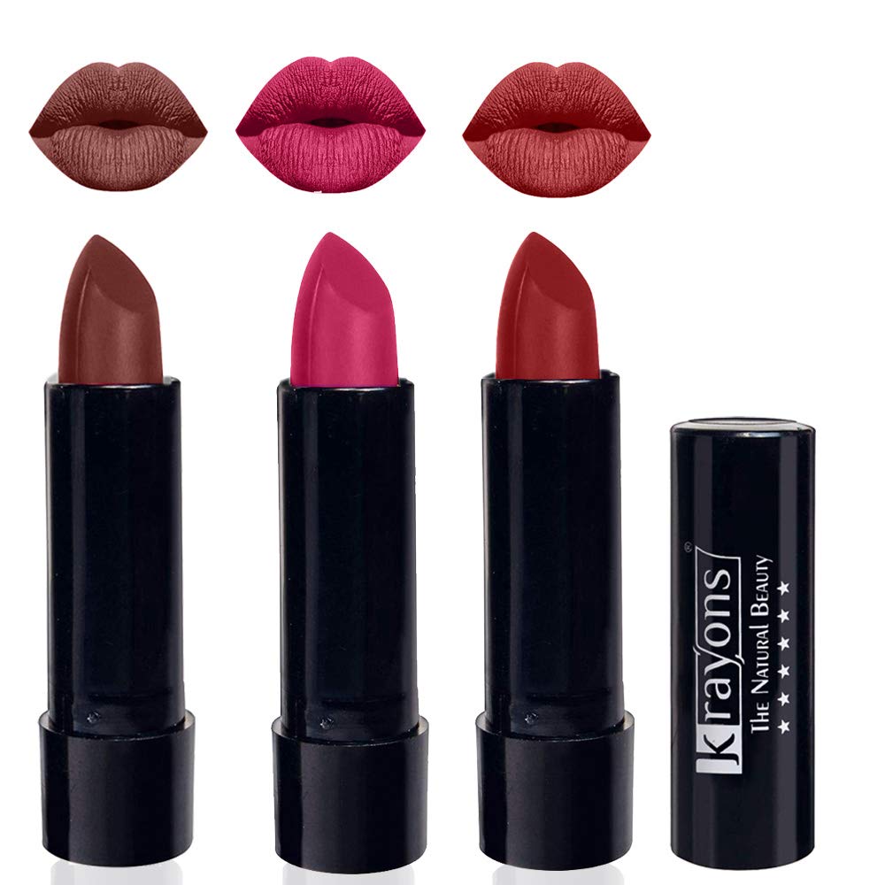 Krayons Cute Pop Matte Lipstick - Waterproof, Smudgeproof, Long-Lasting (Brick Tone, Angel Pink, Signal Red) - 3.5g Each, Pack of 3 - Perfect for Everyday Wear, Parties & Special Occasions