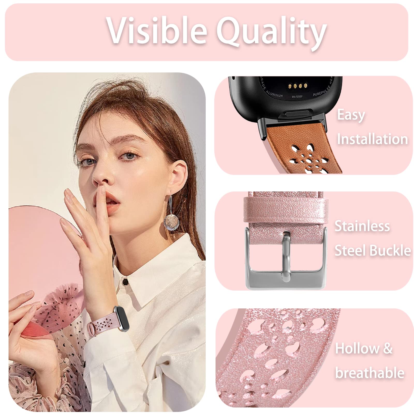 Premium Leather Bands for Fitbit Versa 3/4 & Sense 1/2 - Floral Hollow-Out Lace Replacement Strap for Women & Men | Elegant Watch Accessory for Work, Gym & Daily Wear