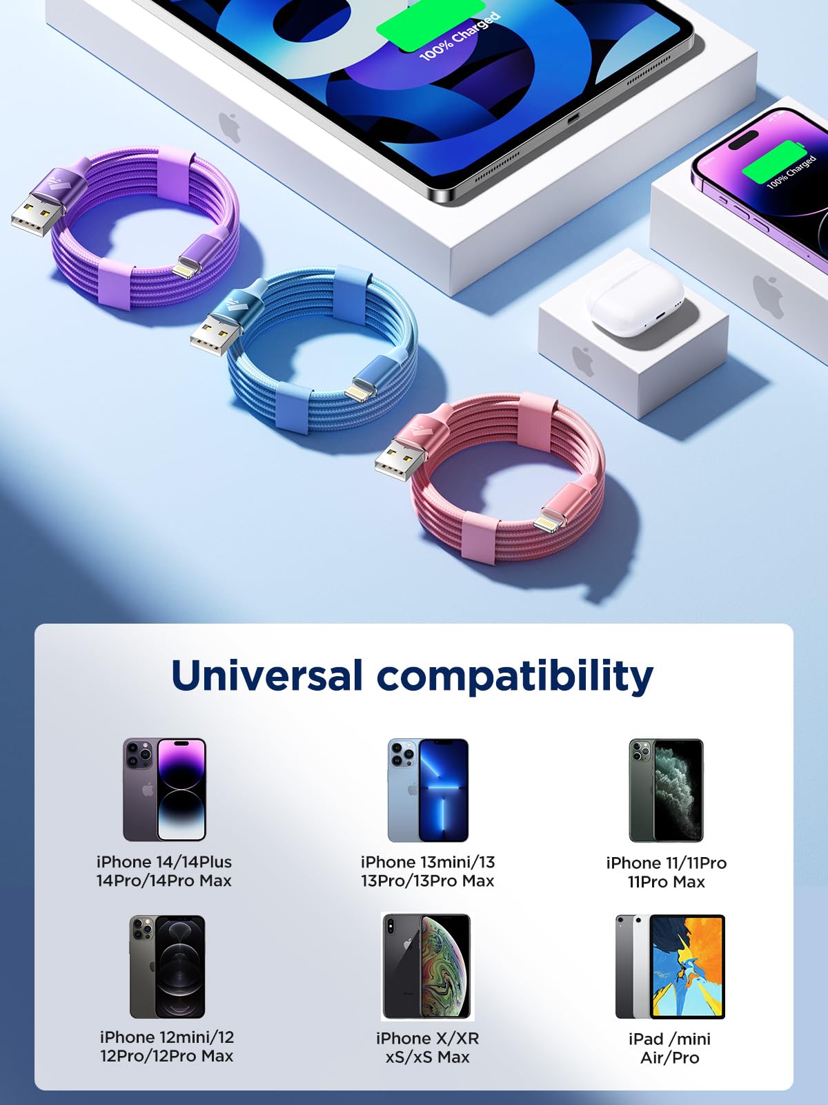 Aioneus 3-Pack 10ft iPhone Charger - Apple Certified Lightning Cable, Nylon Braided Fast Charging Cord for iPhone 14/13/12/11/XS Max/XR/8/SE - Perfect for Home, Office & Travel Use