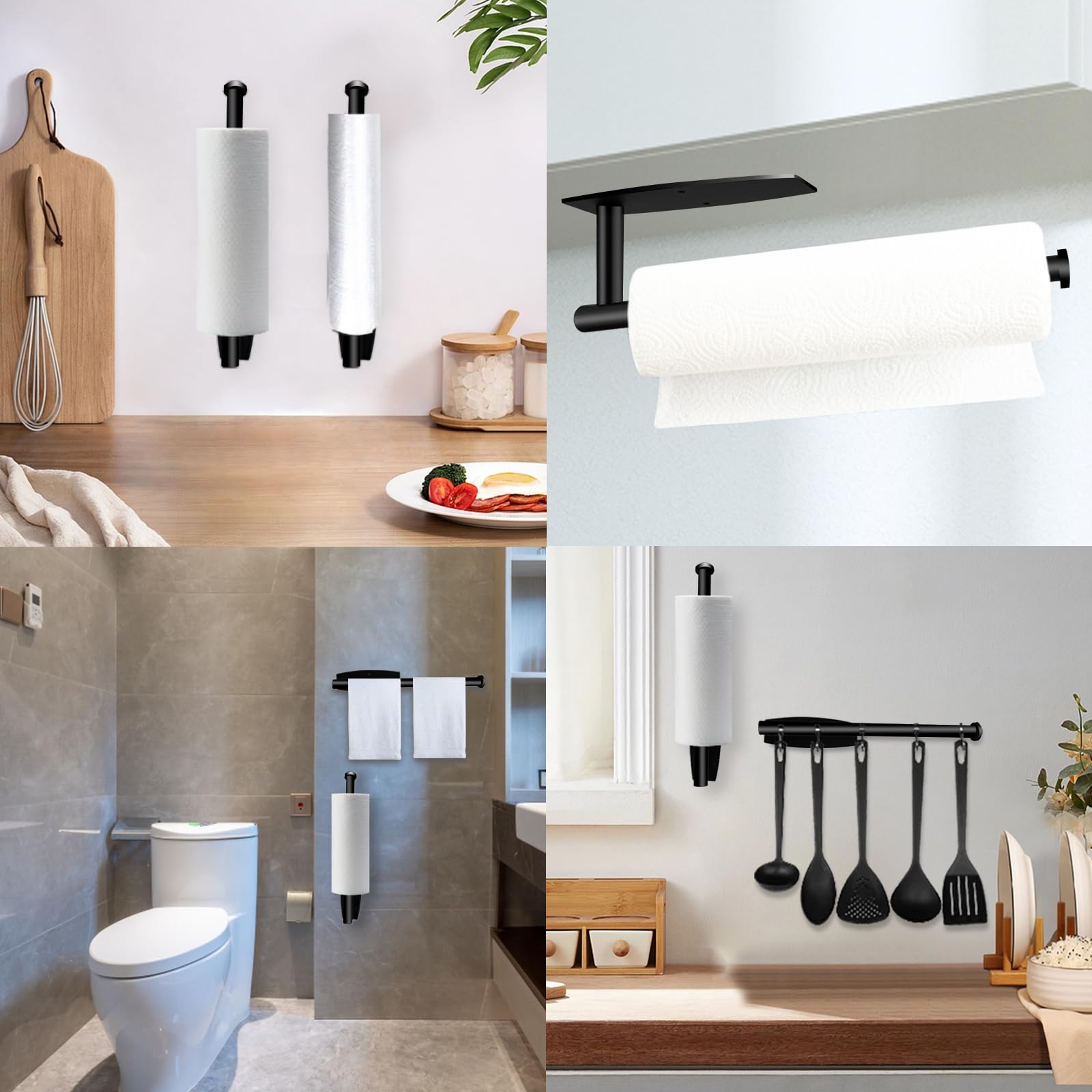 Stainless Steel Under Cabinet Paper Towel Holder - Wall Mount & Self Adhesive Kitchen & Bathroom Paper Towel Roll Rack - SUS304 Black Paper Towel Bar for Easy Access & Space Saving (Perfect for Small Kitchens, RVs & Apartments)