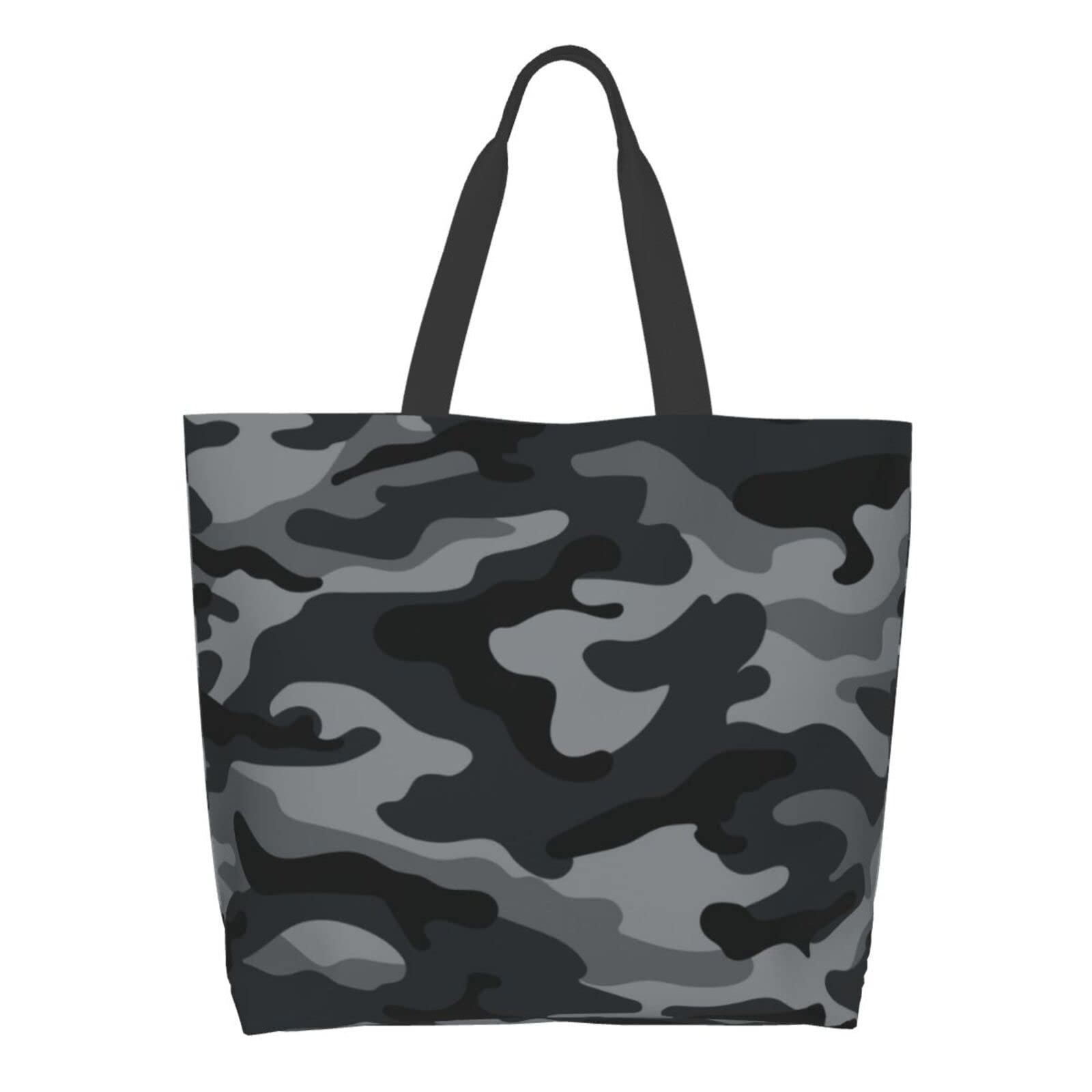 Gbuzozie Army Camouflage Canvas Tote Bag - Black & Grey Camo Large Reusable Grocery Bag for Women, Durable Shoulder Handbag for Shopping, Work, Travel & Beach Outings