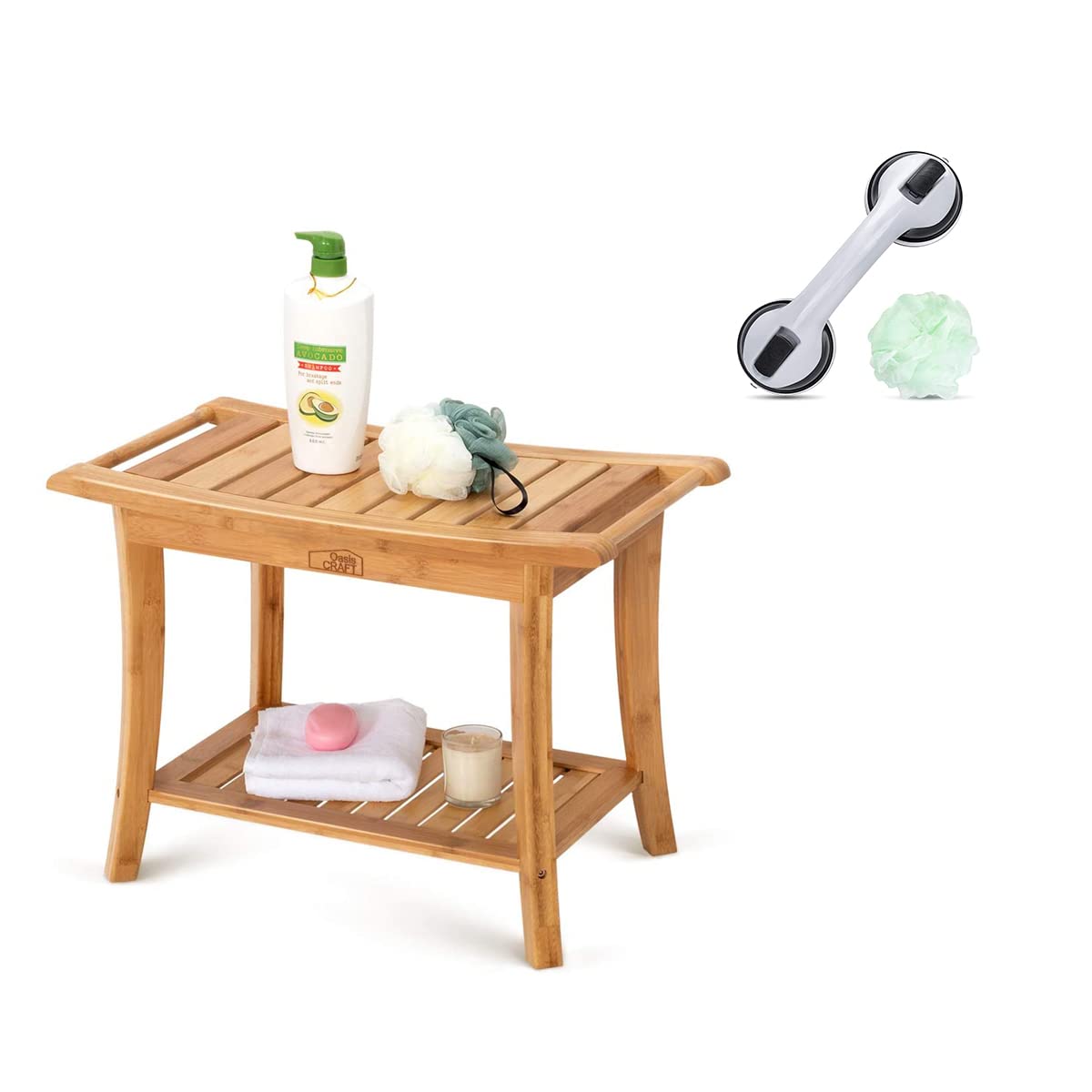 Bamboo Shower Bench Seat with Free Soap Dish & Suction Grab Bar - Non-Slip Shower Stool for Elderly & Disabled - Perfect for Bathroom Safety and Relaxation