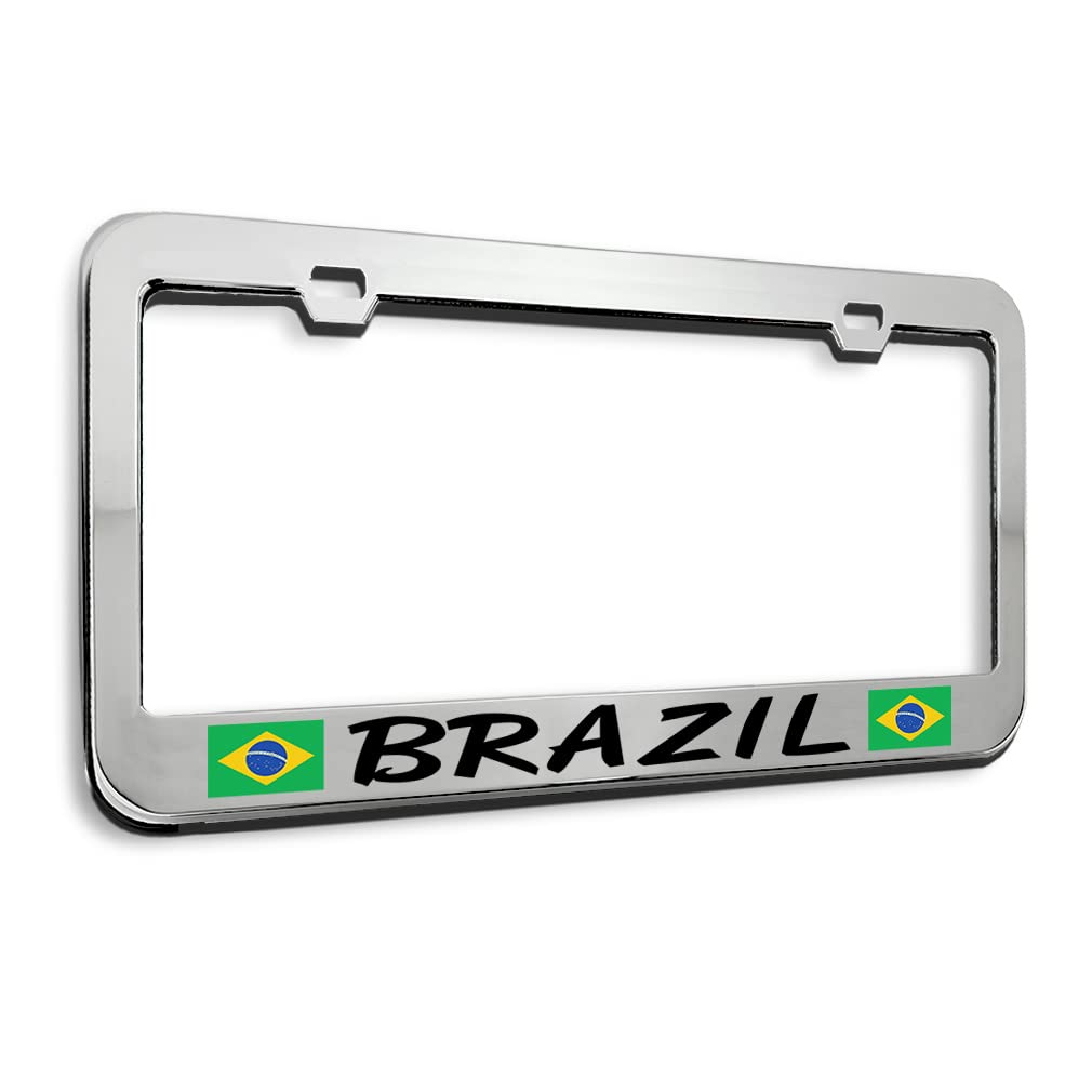 Brazil Flag Metal License Plate Frame - Stainless Steel Car Tag Holder with 2 Holes - Durable Brazilian Country Car Accessories for Trucks, SUVs & Vehicles - Perfect for Showing National Pride on the Road
