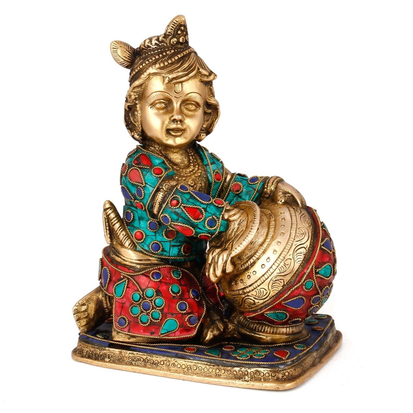 Hand Carved Baby Krishna Brass Statue - Divine Butter Thief Hindu Deity Sculpture for Home Altar, Puja Worship & Spiritual Decor