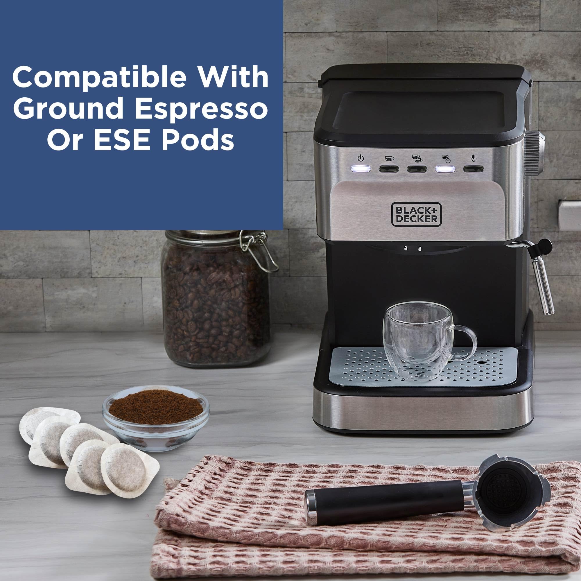 BLACK+DECKER 15 Bar Semi-Automatic Espresso & Cappuccino Machine - Use Ground Coffee or ESE Pods for Perfect Lattes, Americanos & More | Ideal for Home, Office & Small Cafes