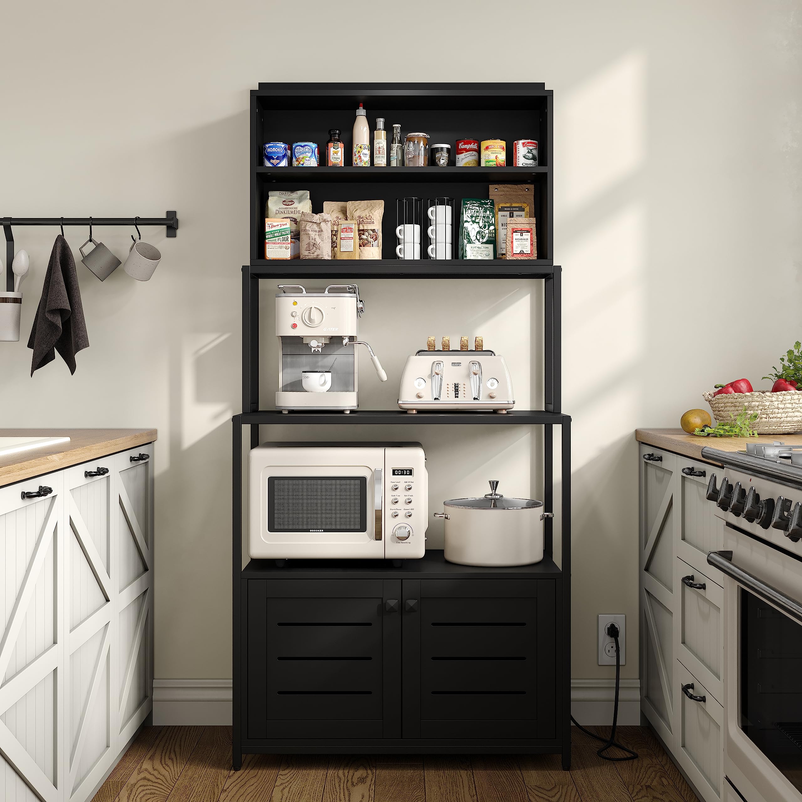 5-Tier Industrial Kitchen Bakers Rack with Power Outlet & Cabinet - Heavy Duty Microwave Stand with Shelves, Black - Perfect for Small Kitchen Storage, Pantry Organization & Baking Supplies Storage