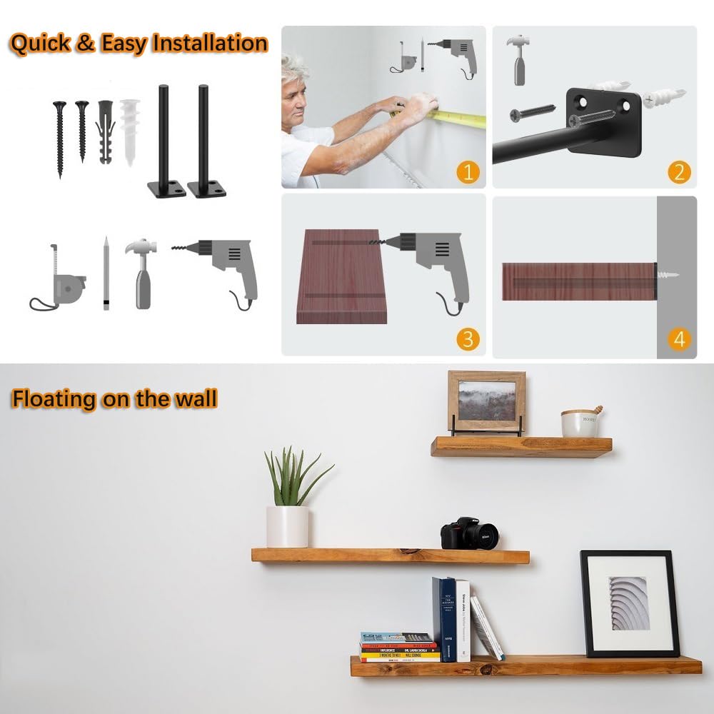 Heavy Duty 8 Inch Floating Shelf Brackets - 6 Pack Hidden Blind Shelf Supports with 150LBS Load Capacity - DIY Wood Wall Shelf Hardware for Living Room, Kitchen, Bedroom & Office Organization