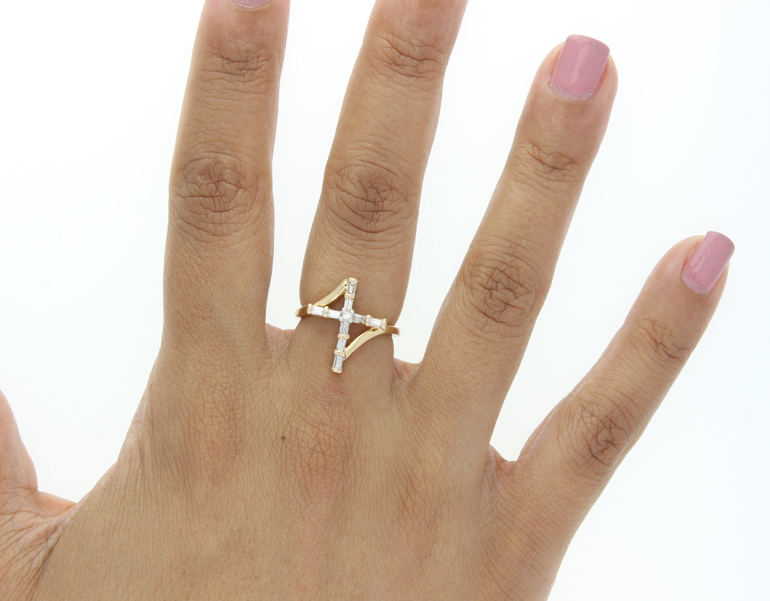 14K Yellow Gold Baguette Diamond Cross Ring - 0.20cttw Elegant Religious Jewelry for Women, Perfect for Church, Weddings & Special Occasions