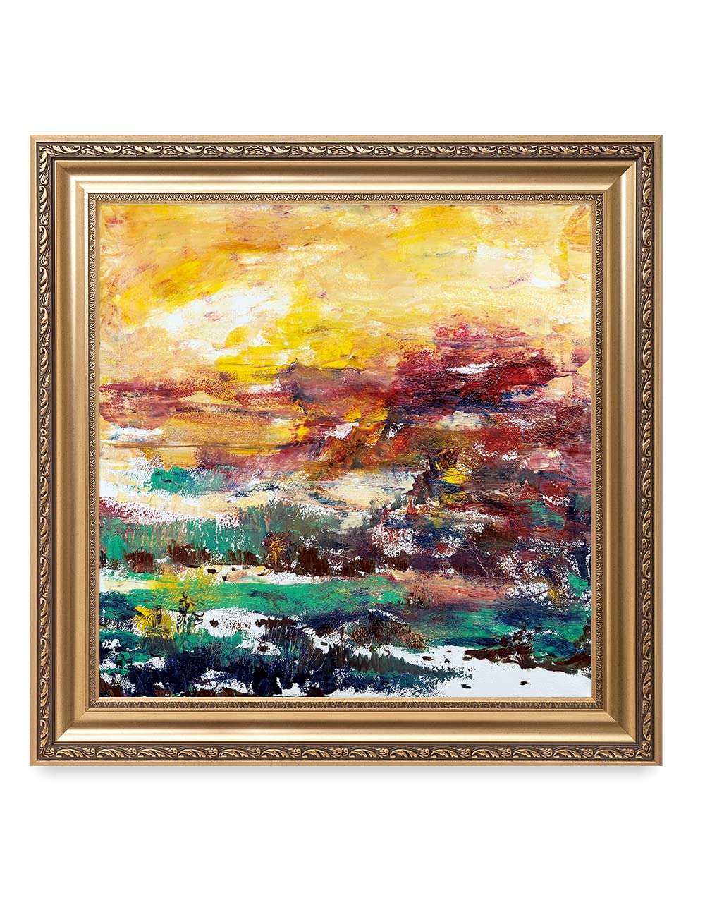 DECORARTS - First Grass by David Ma | Abstract Landscape Wall Art Print | Giclee on Canvas in Classic Golden Frame (30x30 Inches) | Ready to Hang | Perfect for Living Room, Bedroom & Office Decor