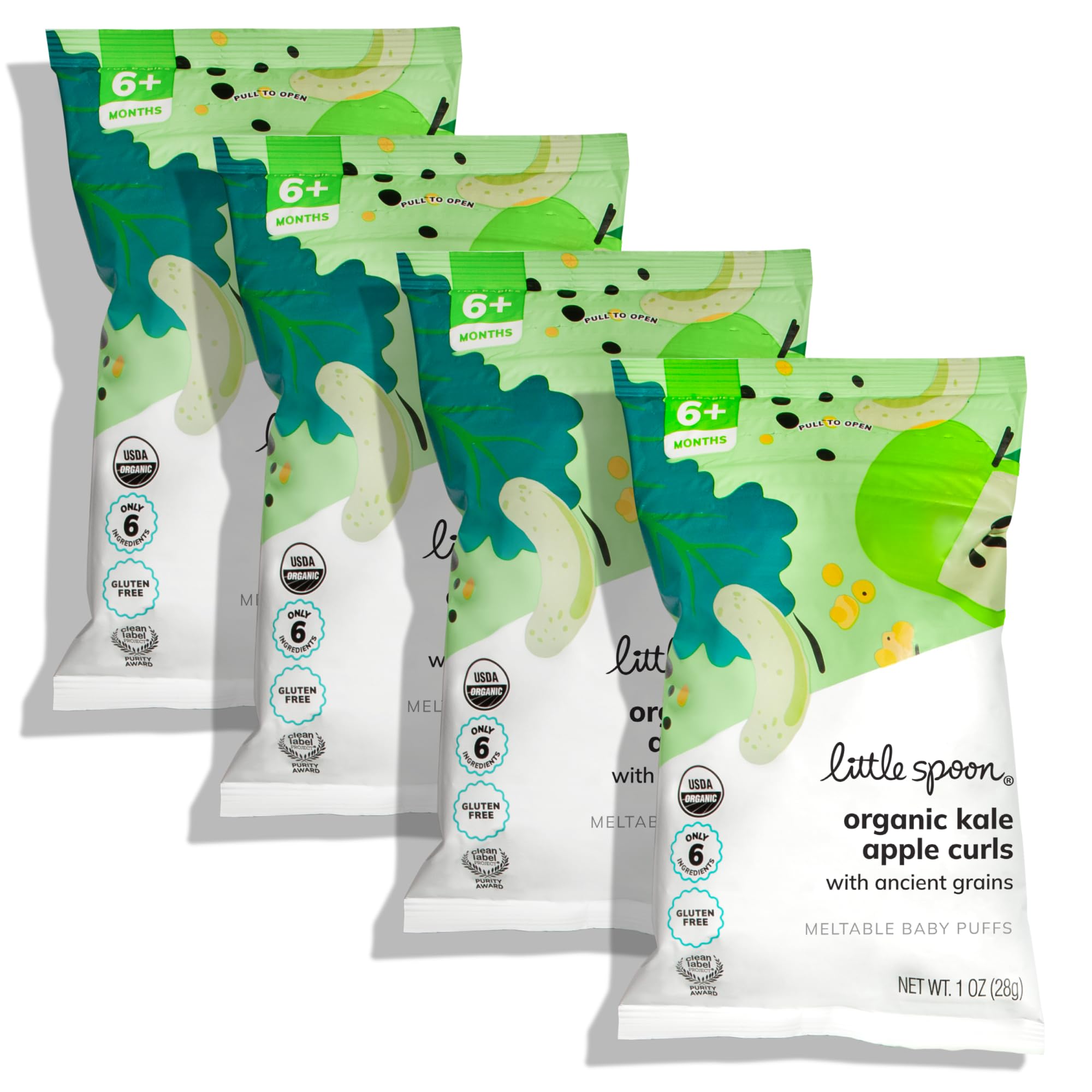 Organic Kale Apple Baby Puffs - Little Spoon Meltable Snacks with Corn, Quinoa & Sorghum (No Rice, No Added Sugar) - 1 Oz Bags (4 Pack) - Encourages Self-Feeding - Perfect for On-the-Go Snacking & Baby-Led Weaning