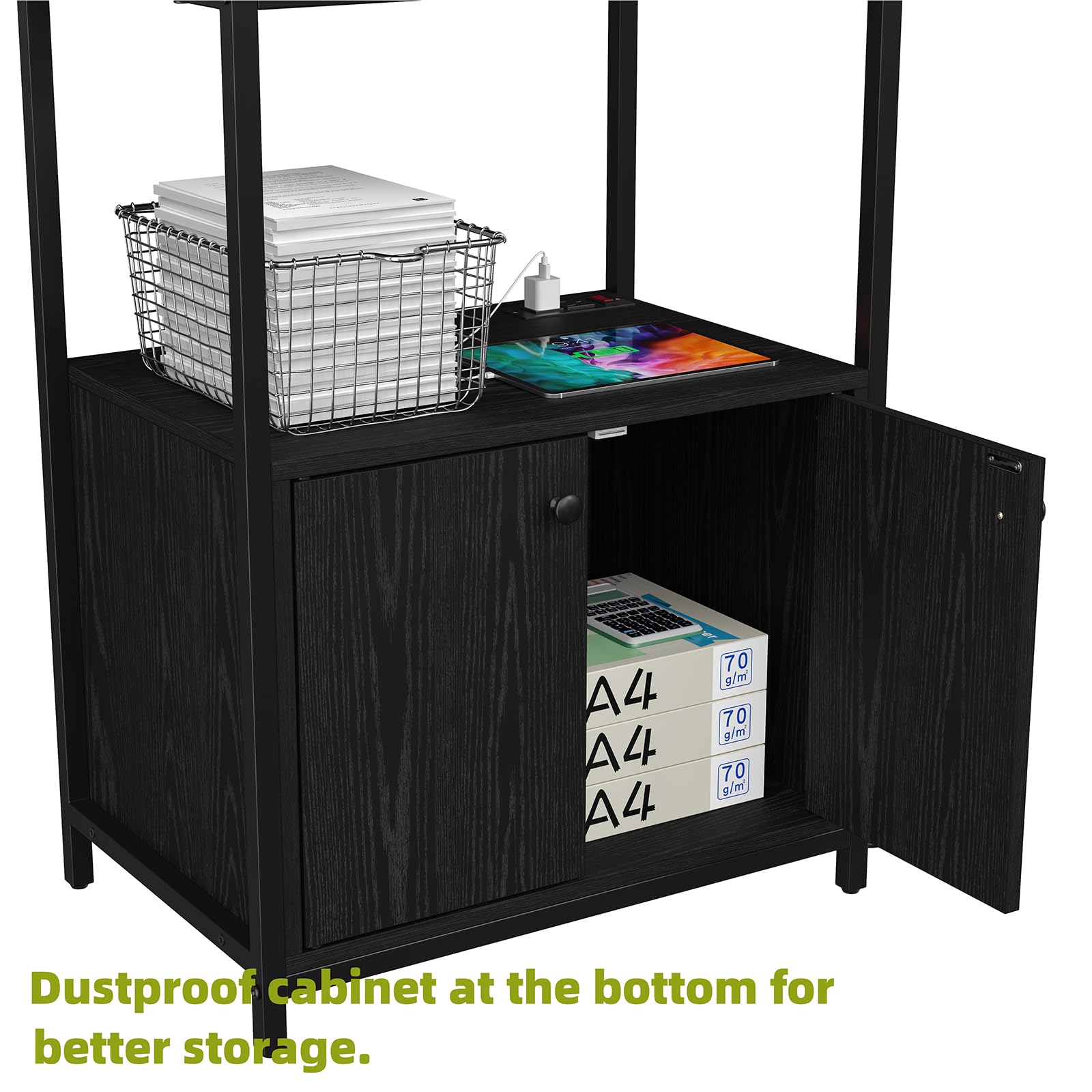 5-Tier Kitchen Bakers Rack with Power Outlet & Storage Cabinet - Industrial Microwave Stand, Coffee Cart, Black Metal Kitchen Storage Shelf for Small Spaces, Apartments & Home Organization