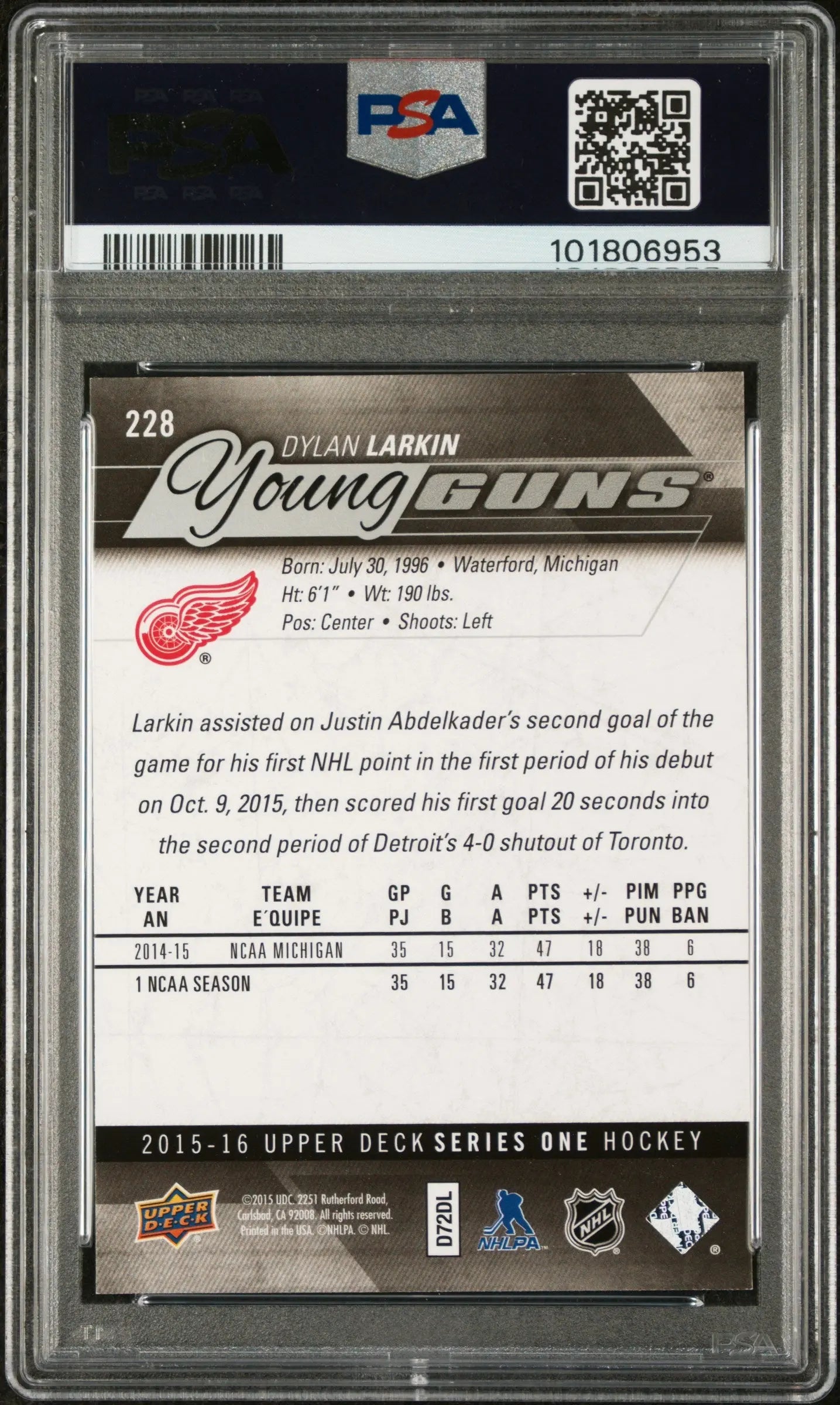 2015-16 Upper Deck Series One Hockey Dylan Larkin Young Guns Rookie Card PSA 10 Gem Mint - Perfect for Collectors & Hockey Fans Display