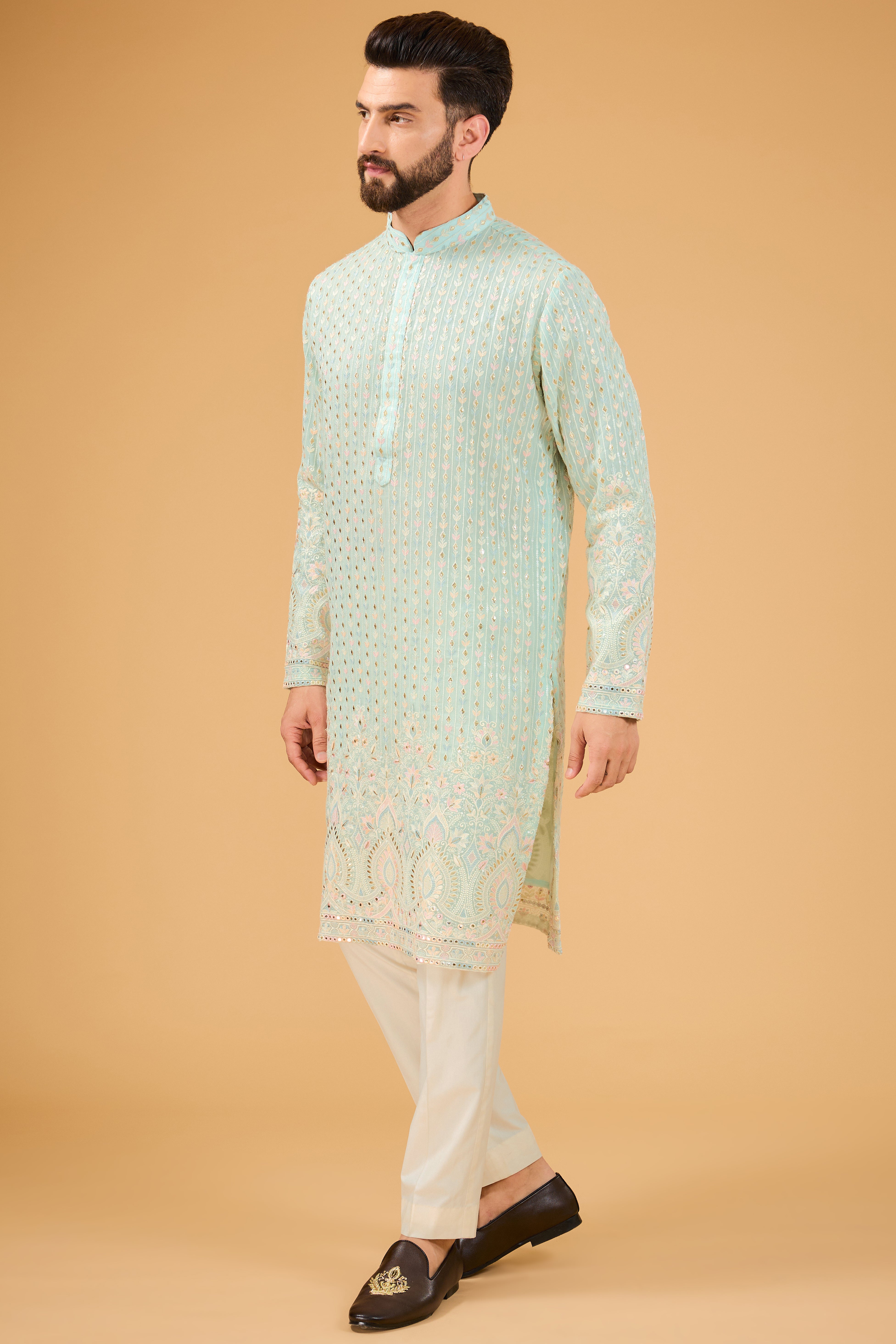 Elegant Powder Blue Chikankari Kurta with Intricate Multi-Thread Embroidery - Perfect for Festivals, Weddings & Ethnic Occasions
