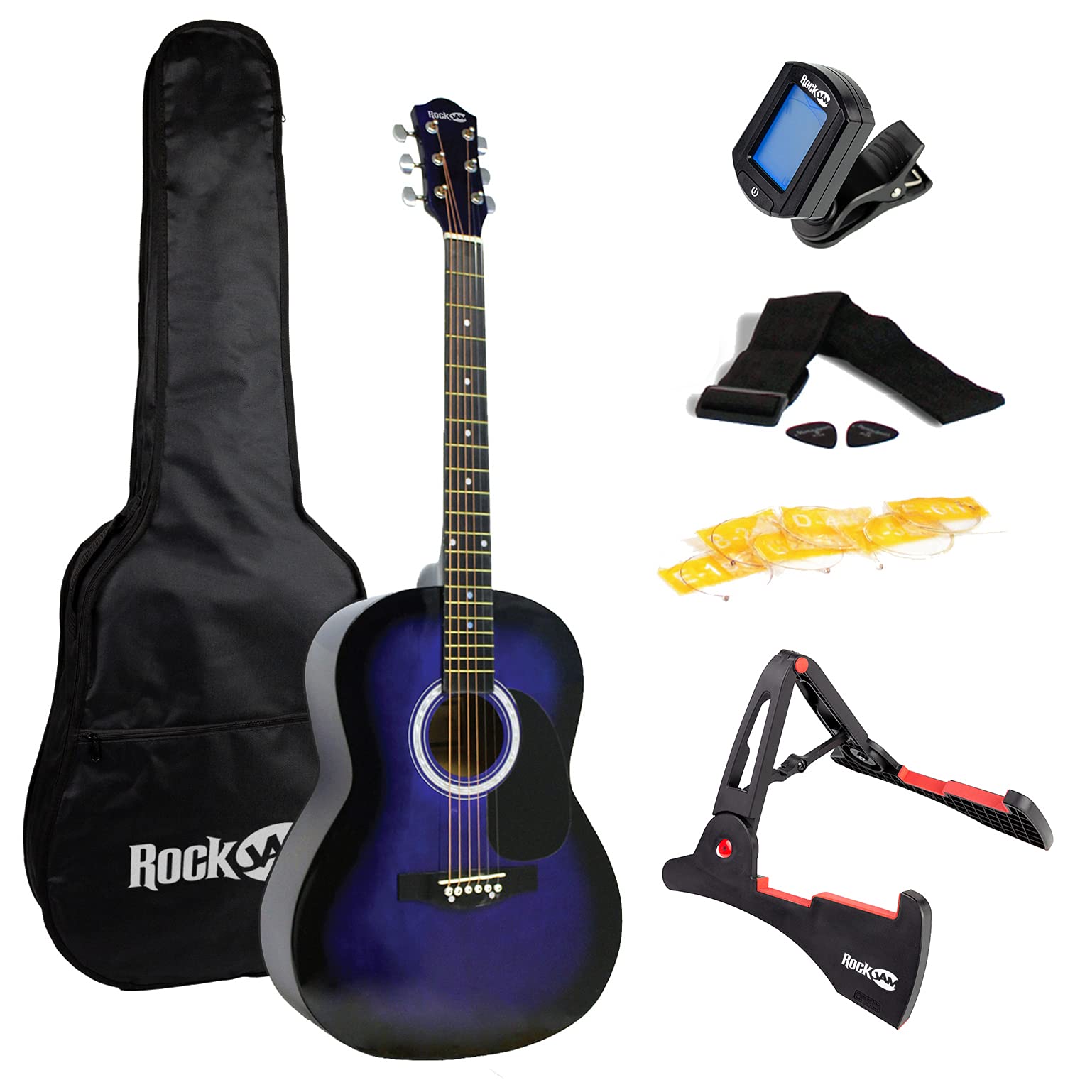 RockJam 6-Piece Acoustic Guitar Super Kit with Stand, Gig Bag, Tuner, Picks, Strings & Online Lessons - Right-Handed Blue Guitar Bundle (RJW-101-BL-PK) for Beginners, Performances & Home Practice