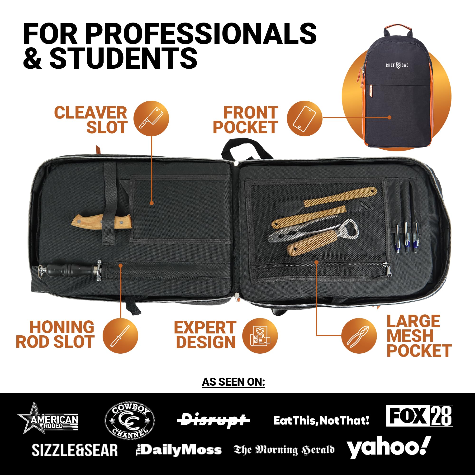 Premium Magnetic Chef Knife Backpack - 20+ Pockets for Professional Knives & Cooking Tools - Large Compartment for Tablet & Laptop - Durable Kitchen Backpack for Chefs & Culinary Students (Black) - Perfect for Restaurant Work, Culinary School & Outdoor Catering Events