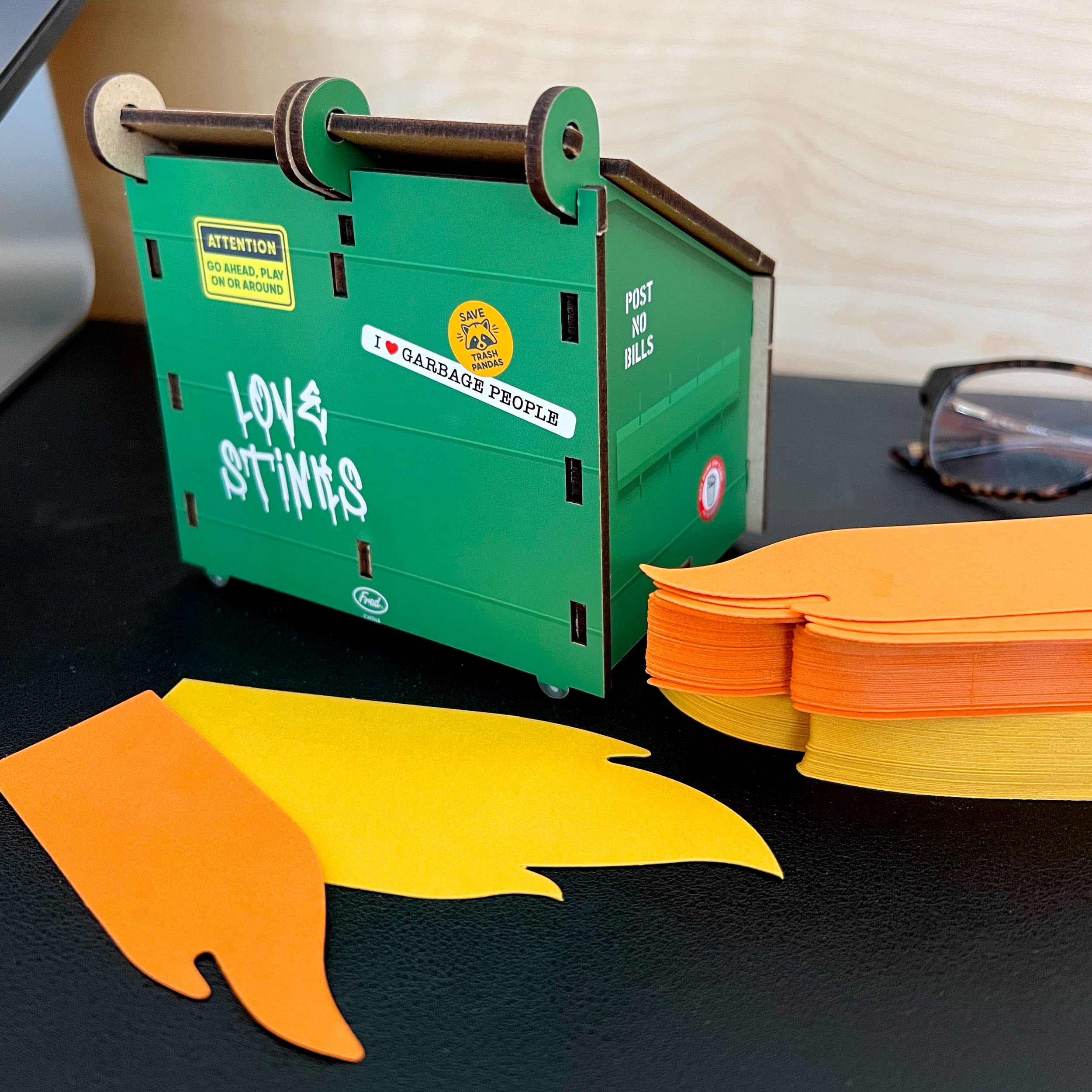 Genuine Fred DESK DUMPSTER 3-Compartment Pencil Holder with Flame Note Cards - Organize Office Supplies, Pens & Stationery for Home, School & Work Desk Organization