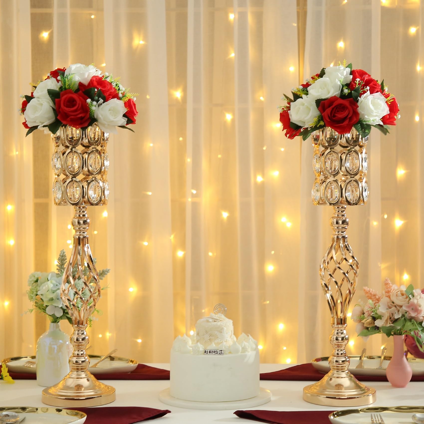 2pcs 24in Gold Metal Diamond Crystal Flower Vases - Elegant Wedding Centerpieces for Tables, Reception Party & Home Decor (Perfect for Dining Room, Living Room, Wedding Decorations)