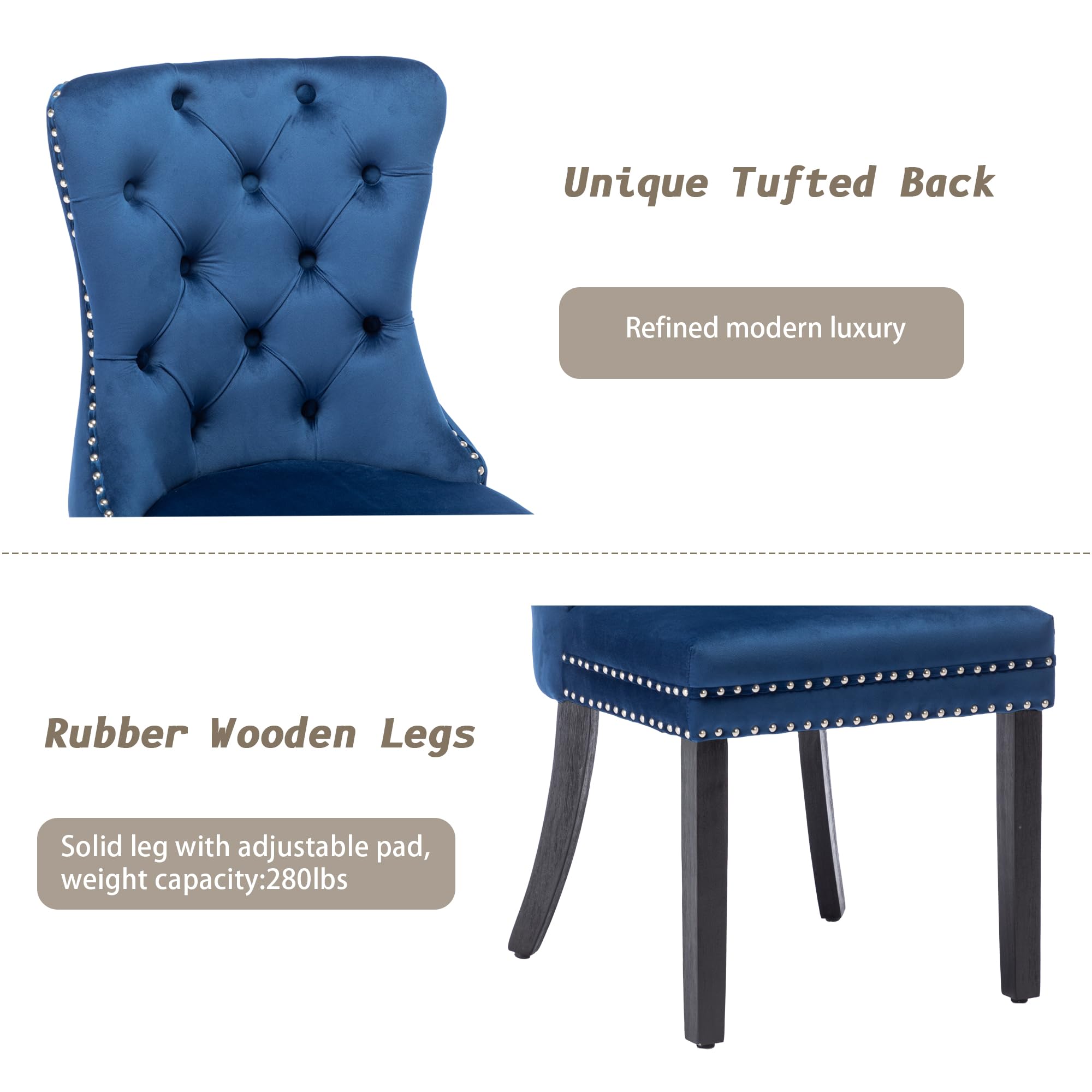 Luxury Velvet Dining Chairs Set of 6 - Modern Upholstered Tufted Kitchen Chairs with Nailhead Trim & Solid Wood Legs, Nikki Collection in Elegant Blue | Perfect for Dining Room, Kitchen, and Entertaining Guests