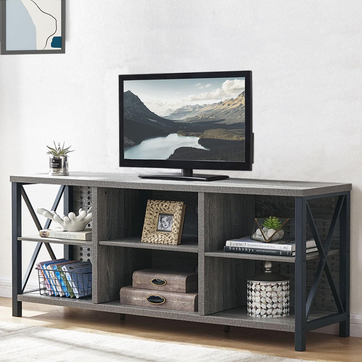 LVB 63 Inch TV Stand for 75 Inch TVs - Modern Rustic Wood & Industrial Metal Entertainment Center with Storage Cabinet - Light Gray Oak Media Console for Living Room & Bedroom | Perfect for Home Theater Setup & Living Space Organization