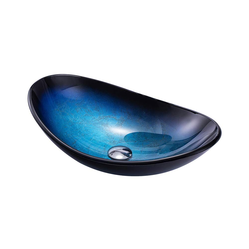 Modern Ocean Blue Tempered Glass Bathroom Vessel Sink with Pop-Up Drain - Artistic Vanity Countertop Installation for Contemporary Bathrooms - Perfect for Spa-Like Master Baths and Luxury Powder Rooms