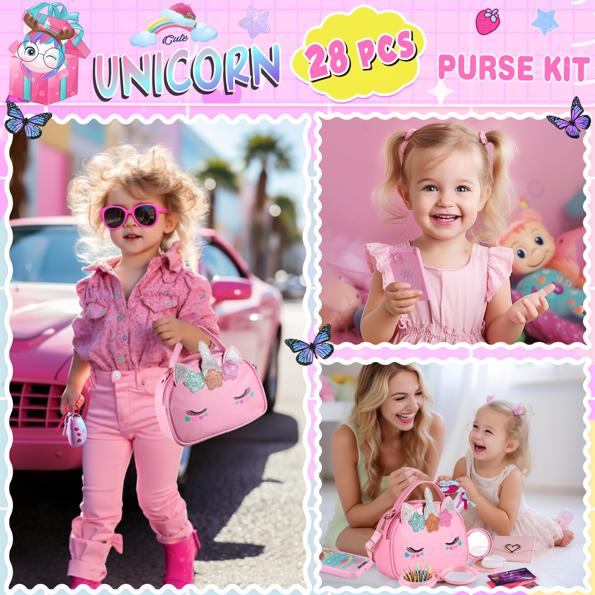 Unicorn Pretend Play Purse for Toddler Girls Age 3-8 - Princess Makeup Toy Set with Accessories | Perfect Easter & Birthday Gift for 3-8 Year Old Girls | Dress Up & Role Play Fun