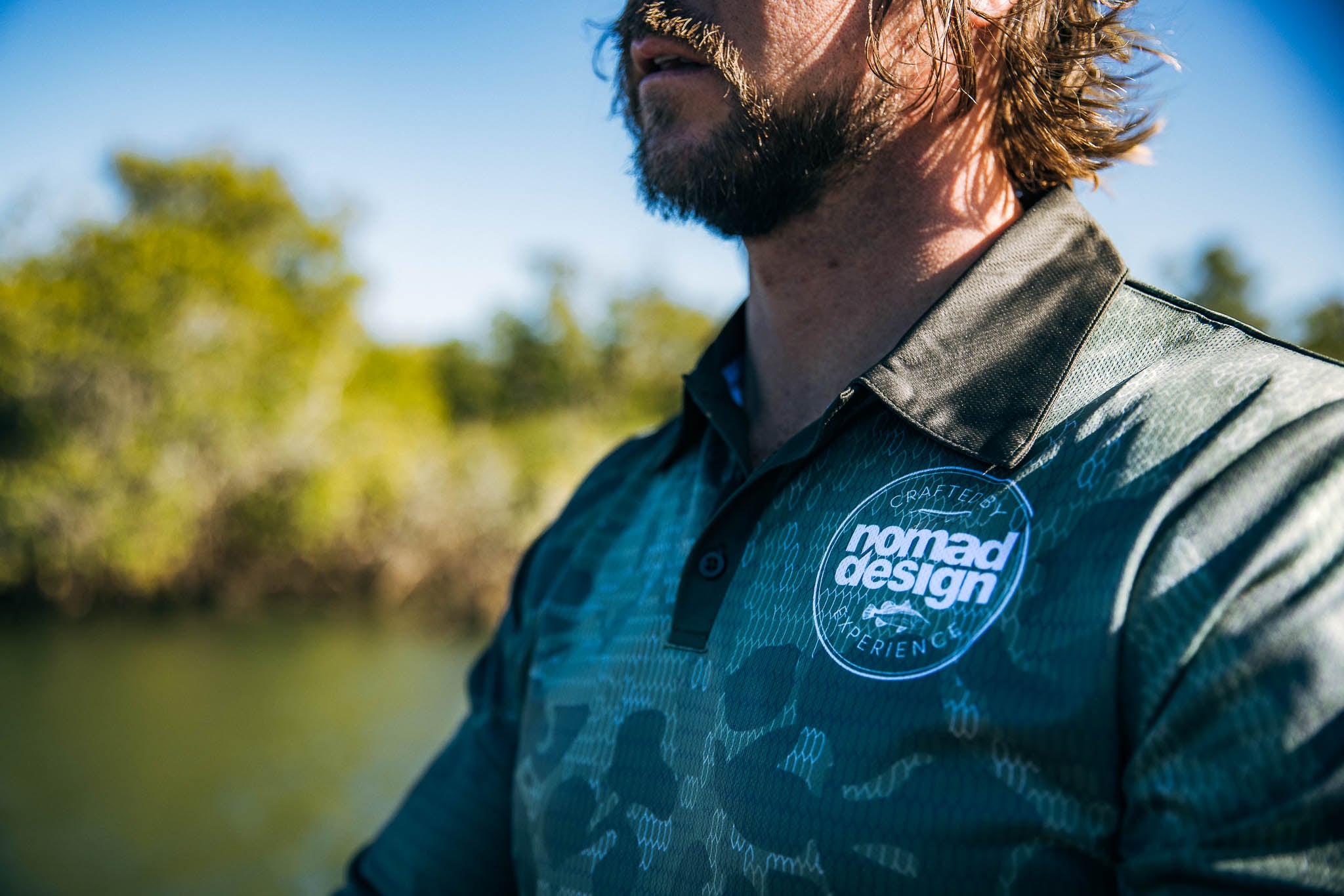 Tech Fishing Shirt with Collar - Logo Embroidered Khaki Camo Outdoor Shirt for Men | Perfect for Hiking, Camping & Fishing Adventures