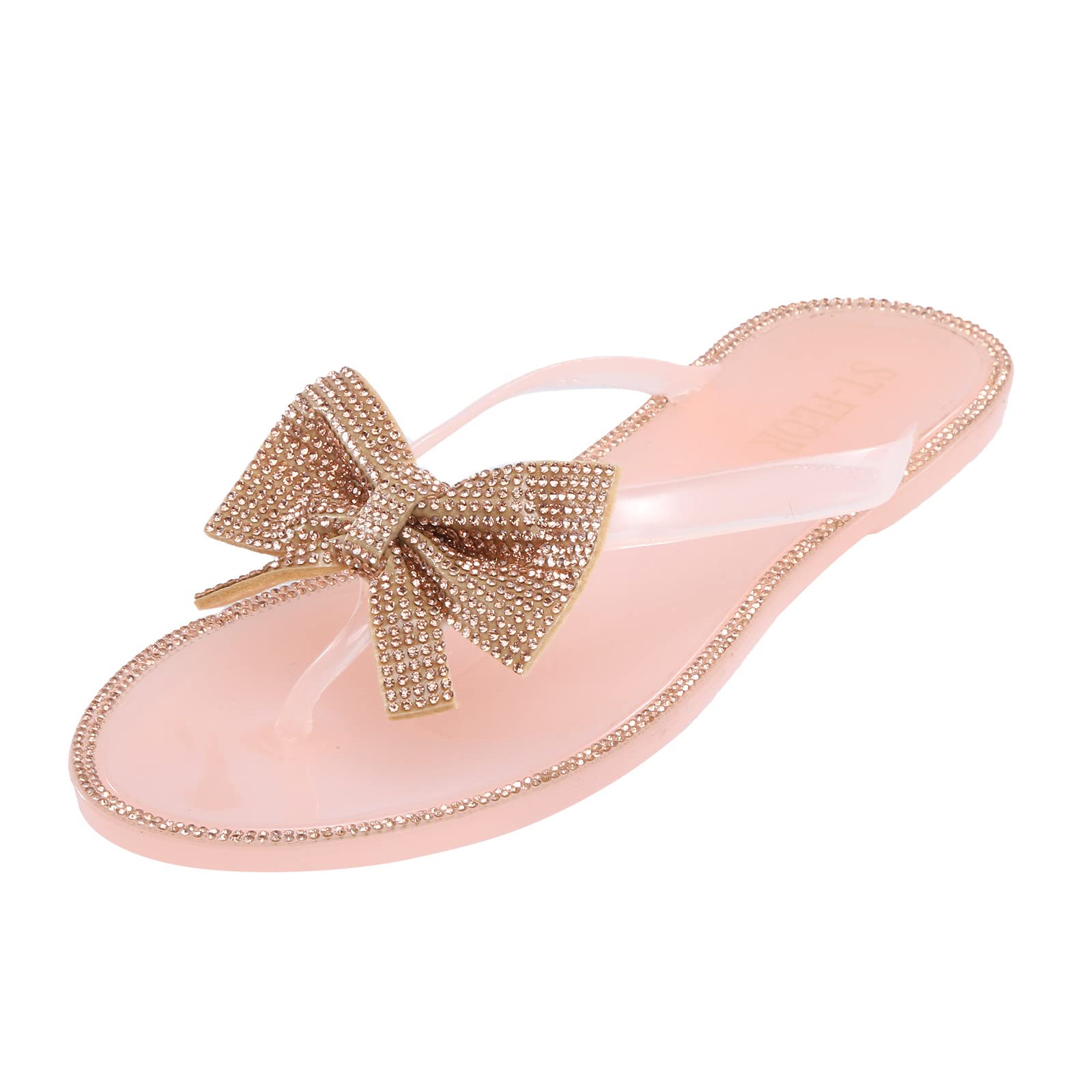 2022 Women's Summer Sandals - Fashionable Clip Toe Sandals with Shiny Diamond Bow Gold Accents | Perfect for Beach, Vacation & Casual Outfits