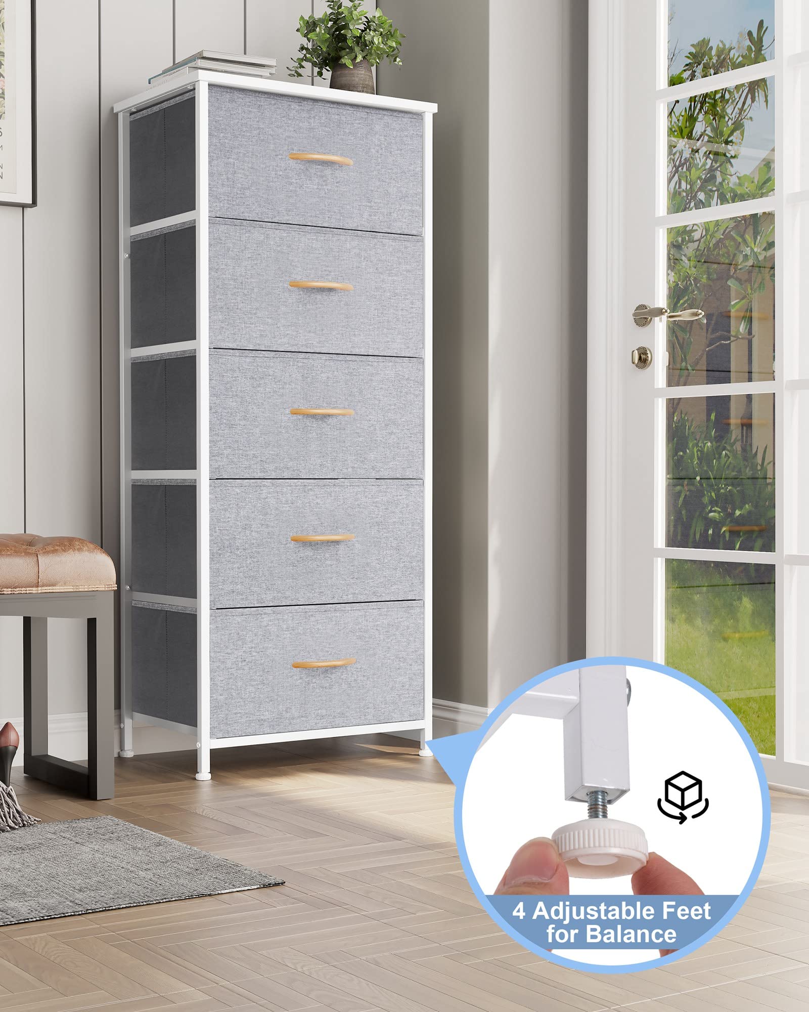 Vertical Dresser Storage Tower with Steel Frame & Wood Top - 5 Drawers for Bedroom & Closet Organization (Light Gray)