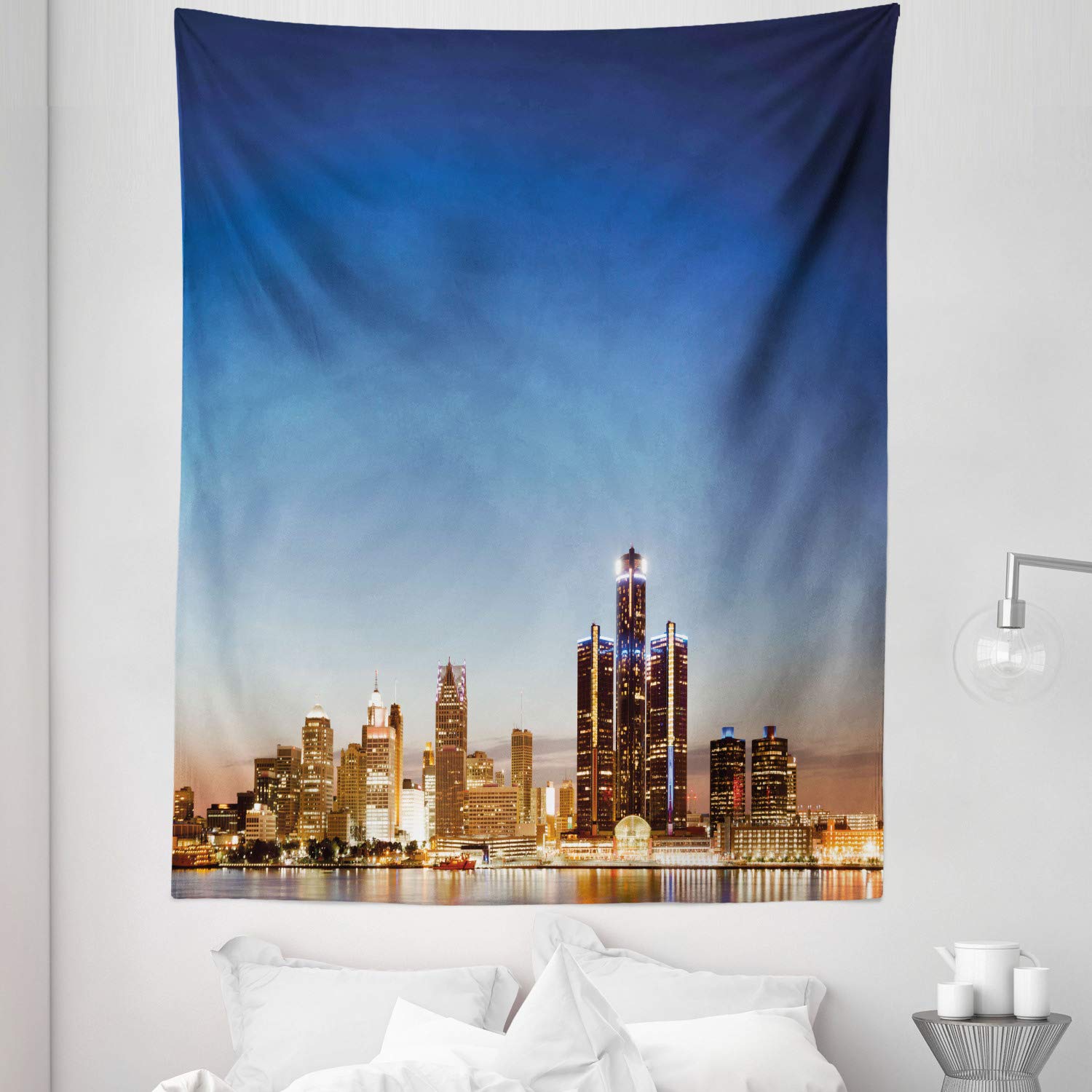 Ambesonne Detroit Tapestry Twin Size - Michigan Skyline at Twilight Waterfront Wall Hanging, 68