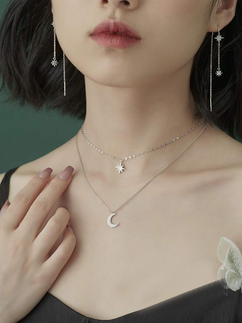 925 Sterling Silver Star Moon Choker Necklace for Women - Dainty Layered Chain Necklace - Perfect for Layering, Gift Giving & Everyday Wear