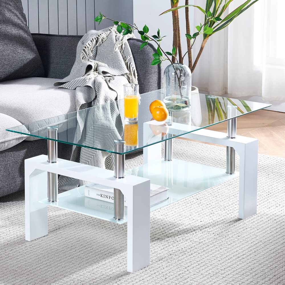 Modern White Rectangle Coffee Table with Glass Top & Wooden Legs - 39.5