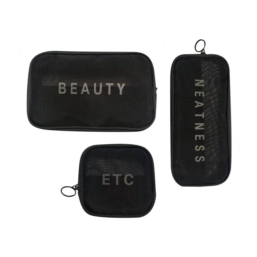 3-Piece Black Mesh Makeup Bag Set with Zipper - Cosmetic Organizer, Travel Toiletry Case for Women - Perfect for Travel, Gym & Daily Use (Black)