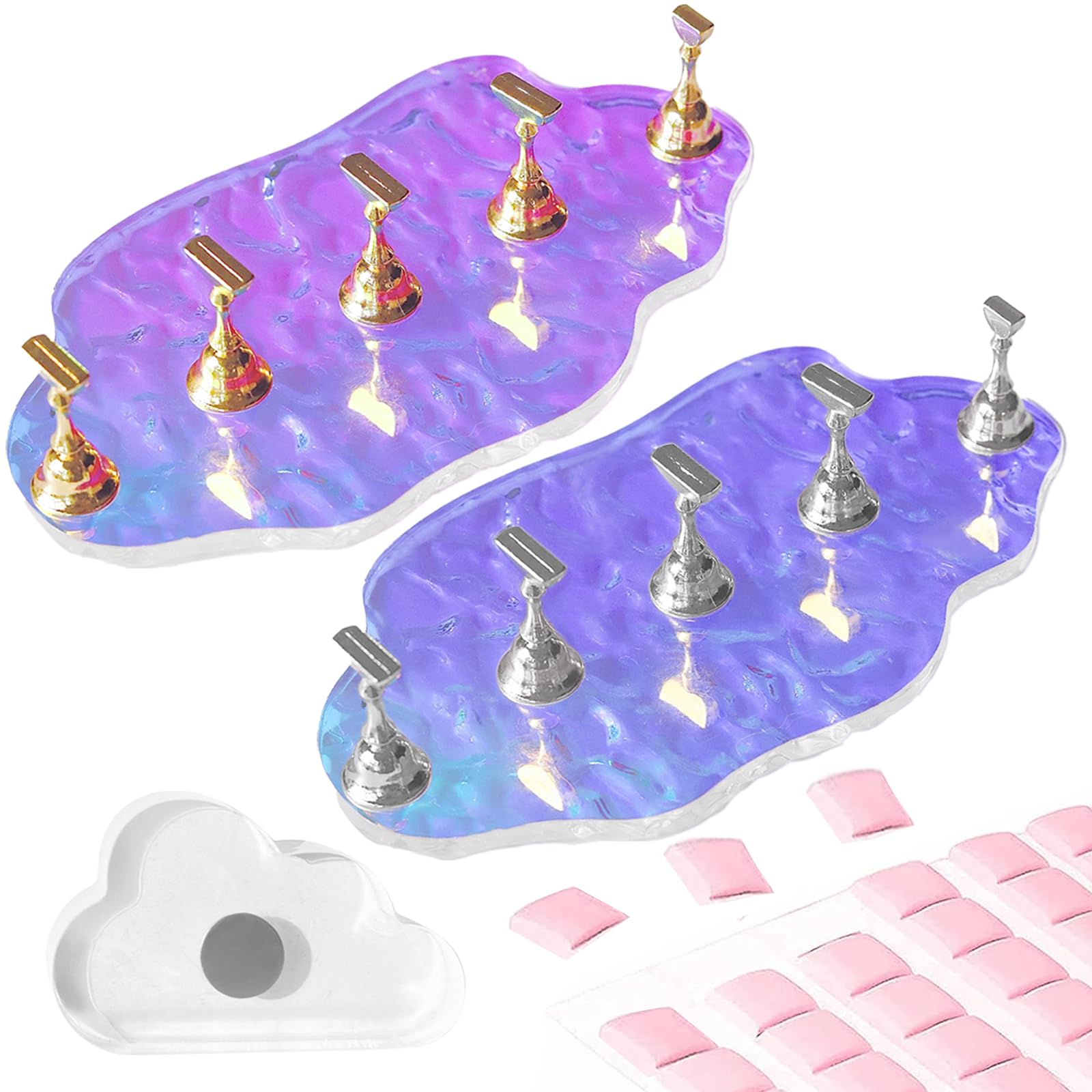 2-Piece Press On Nail Stand Set with Aurora Acrylic Nail Holders - Includes Mini Clear Base, Dual-Color Metal Stands & Reusable Sticky Putty for Nail Art, Painting, Display & Salon Use