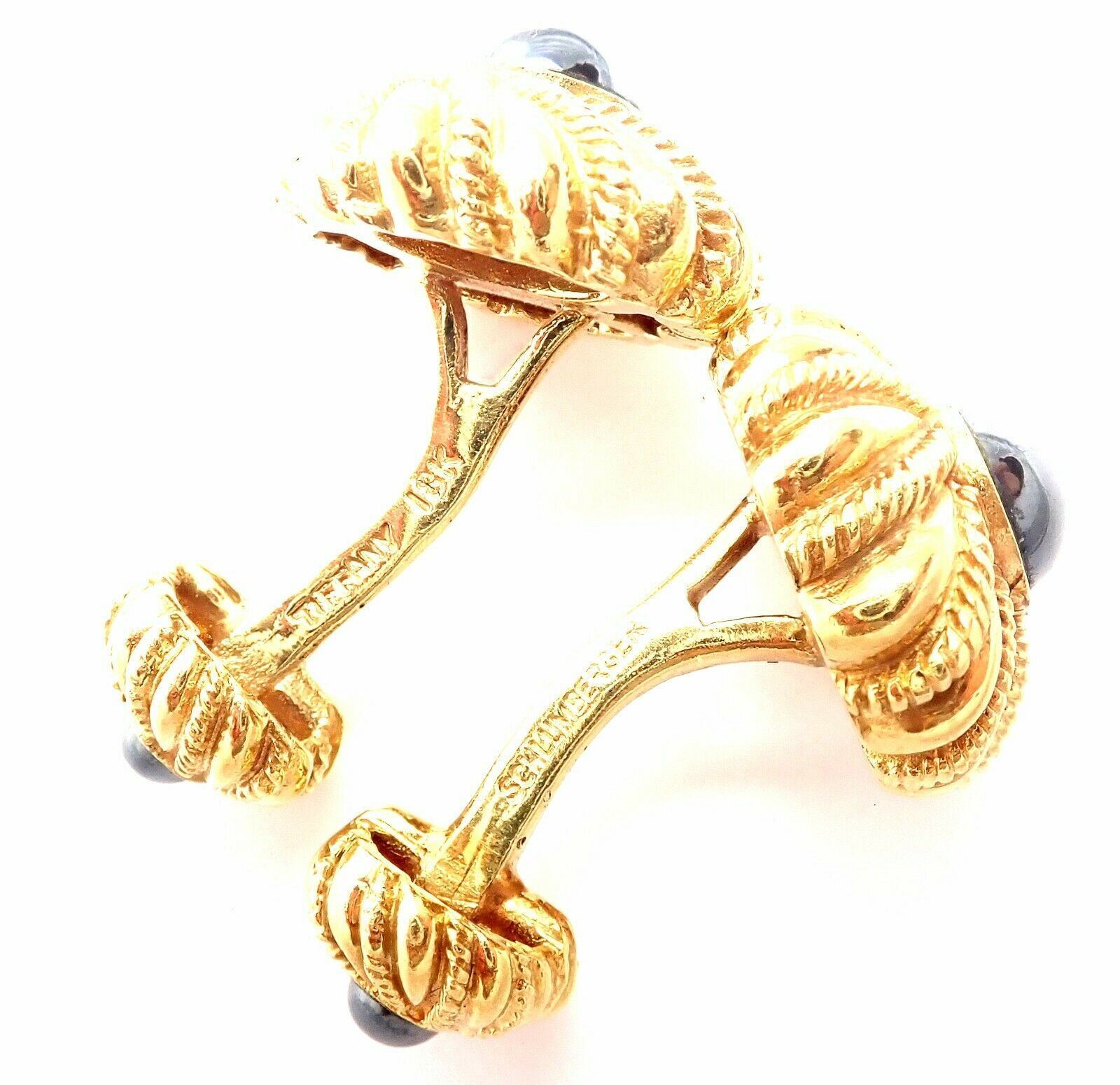 Authentic Tiffany & Co Jean Schlumberger 18k Yellow Gold Hematite Cufflinks for Men - Luxury Dress Shirt Accessories for Weddings & Formal Events