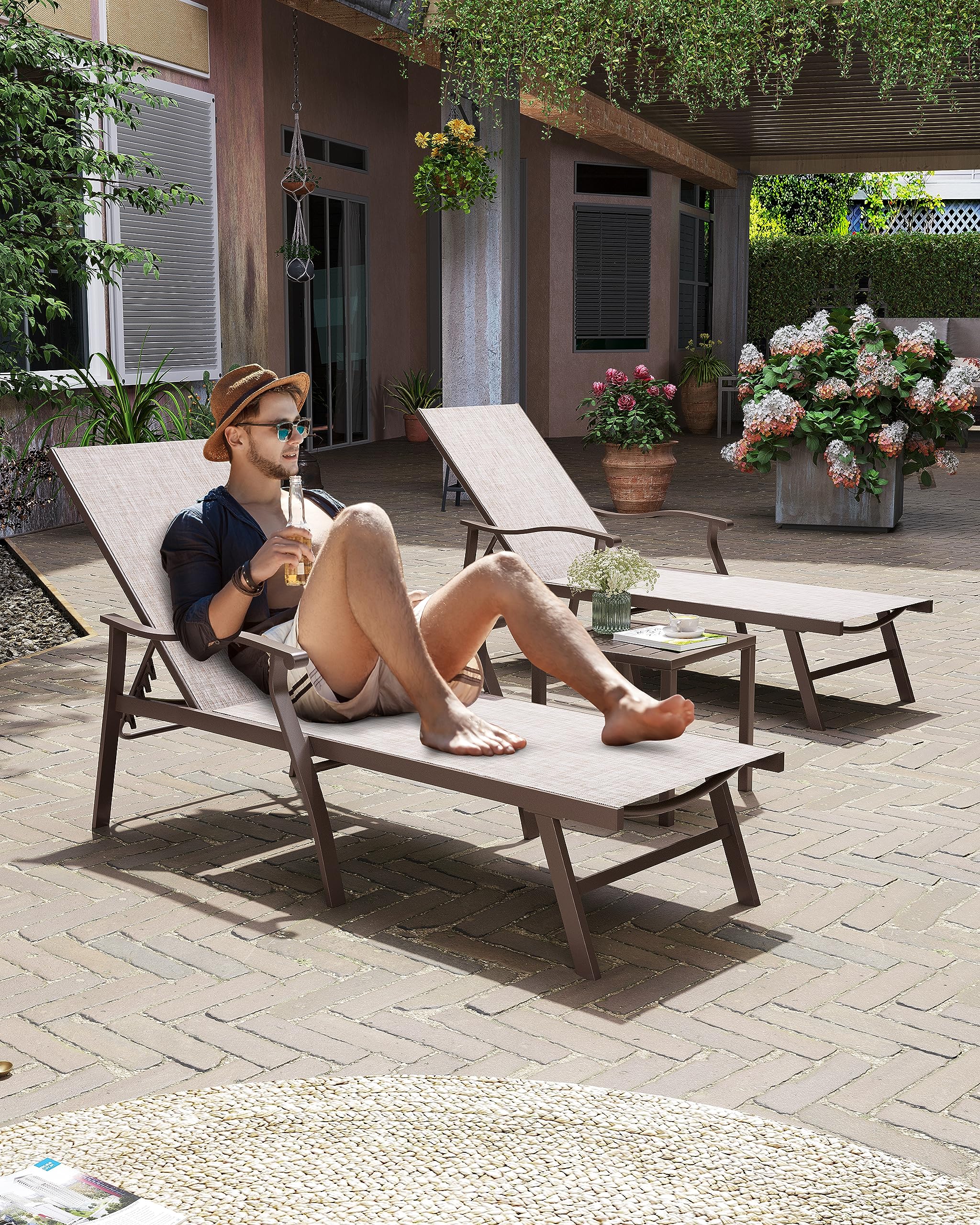 Crestlive 3-Piece Aluminum Chaise Lounge Set - 5-Position Adjustable Patio Recliners, All-Weather Outdoor Lounge Chairs for Poolside, Beach, Backyard & Garden (Beige) | Perfect for Sunbathing, Relaxing & Outdoor Entertaining